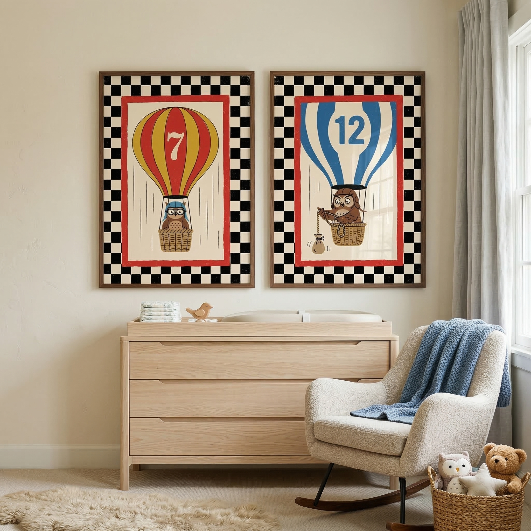 Hot Air Balloon Owl Wall Art Set of 2 - High Flying Owls