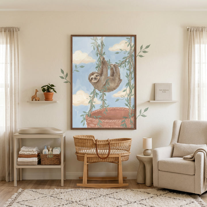 Nursery featuring hot air balloon sloth wall art above a wicker cradle, a neutral armchair, and changing table.