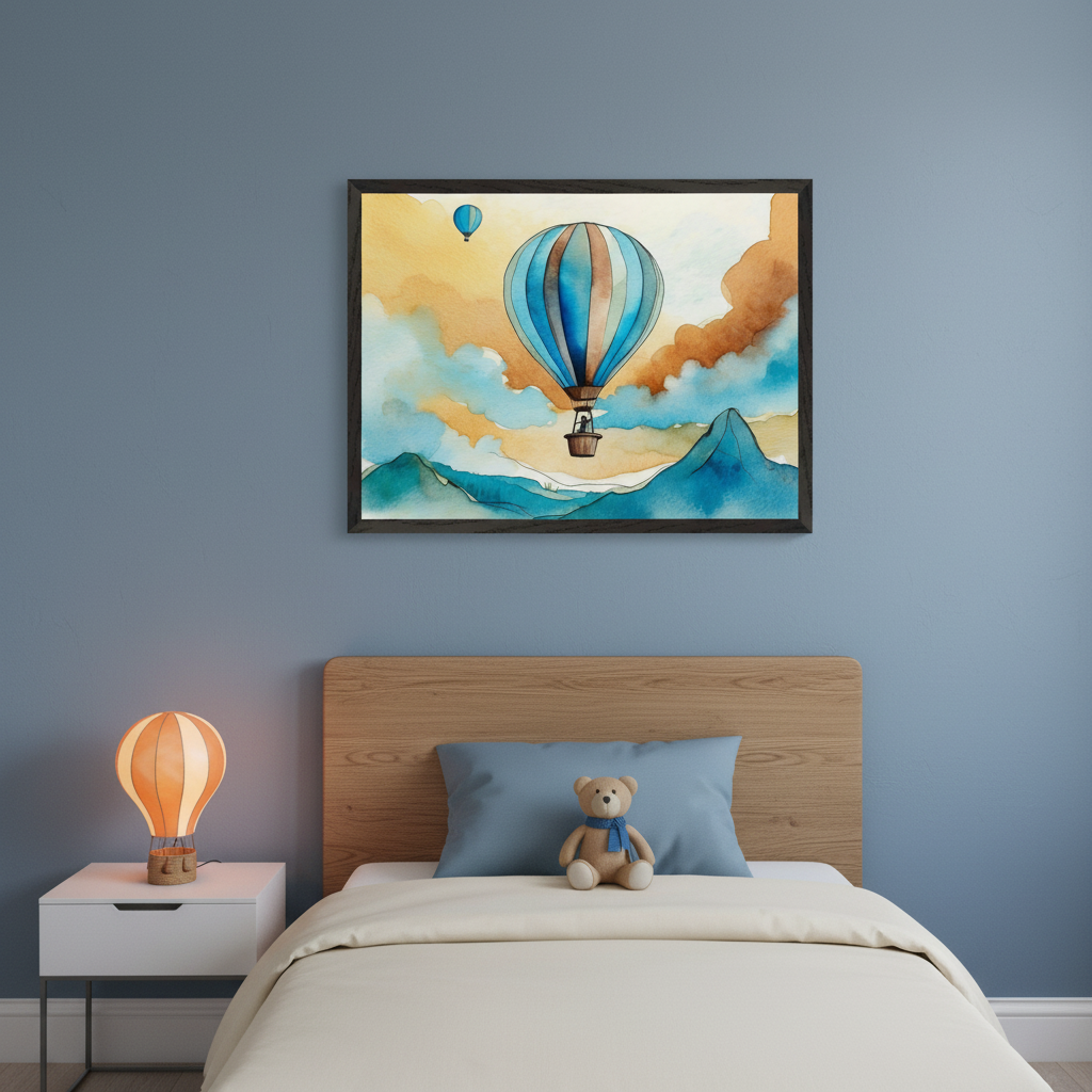 Kid's bedroom with a wooden bed, white nightstand, and a hot air balloon lamp. A teddy bear is on the bed. A framed watercolor painting of hot air balloons flying over mountains with an orange and blue sky hangs above the bed.