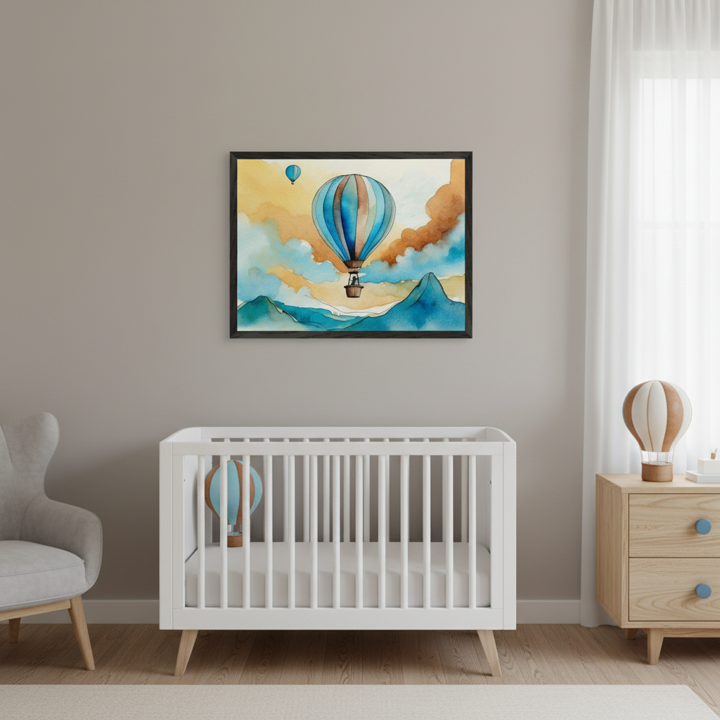 Modern nursery with a white crib, grey armchair, and wooden dresser. A large framed watercolor print of two hot air balloons floating over blue mountains and an orange sky hangs centered above the crib.