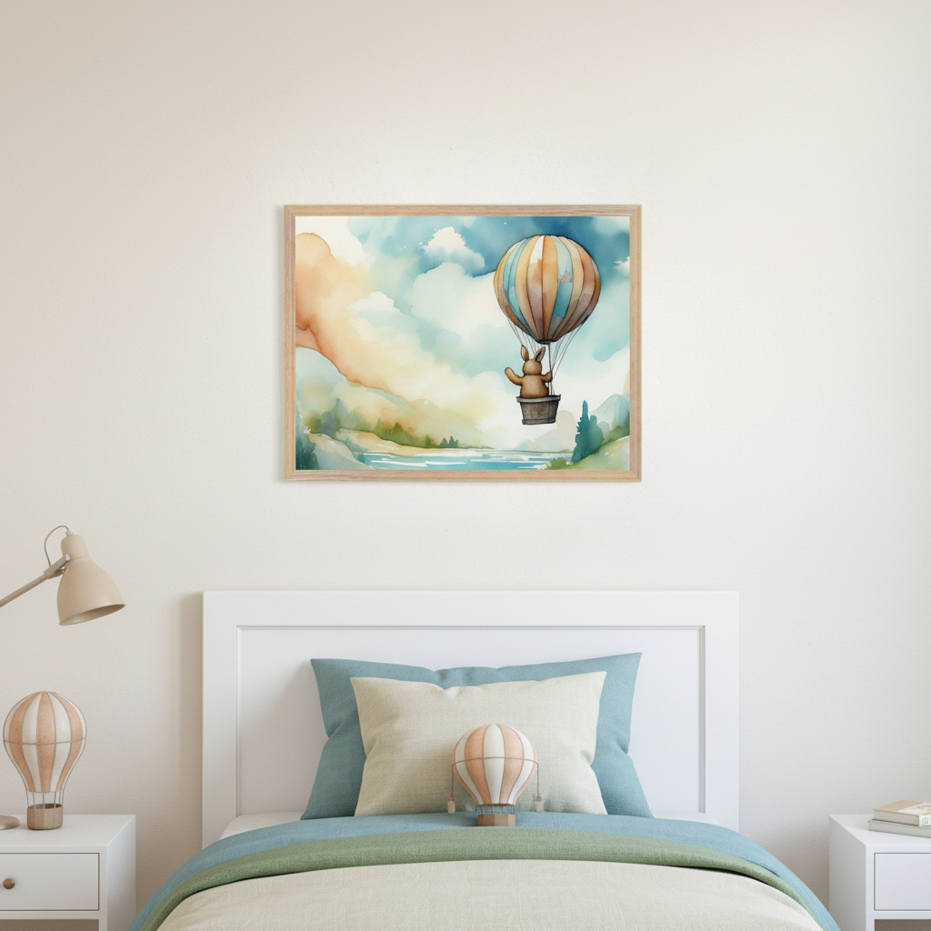 Kid's bedroom with a white bed and nightstands. A large framed watercolor print depicting a rabbit in a hot air balloon flying over a landscape is centered above the bed.