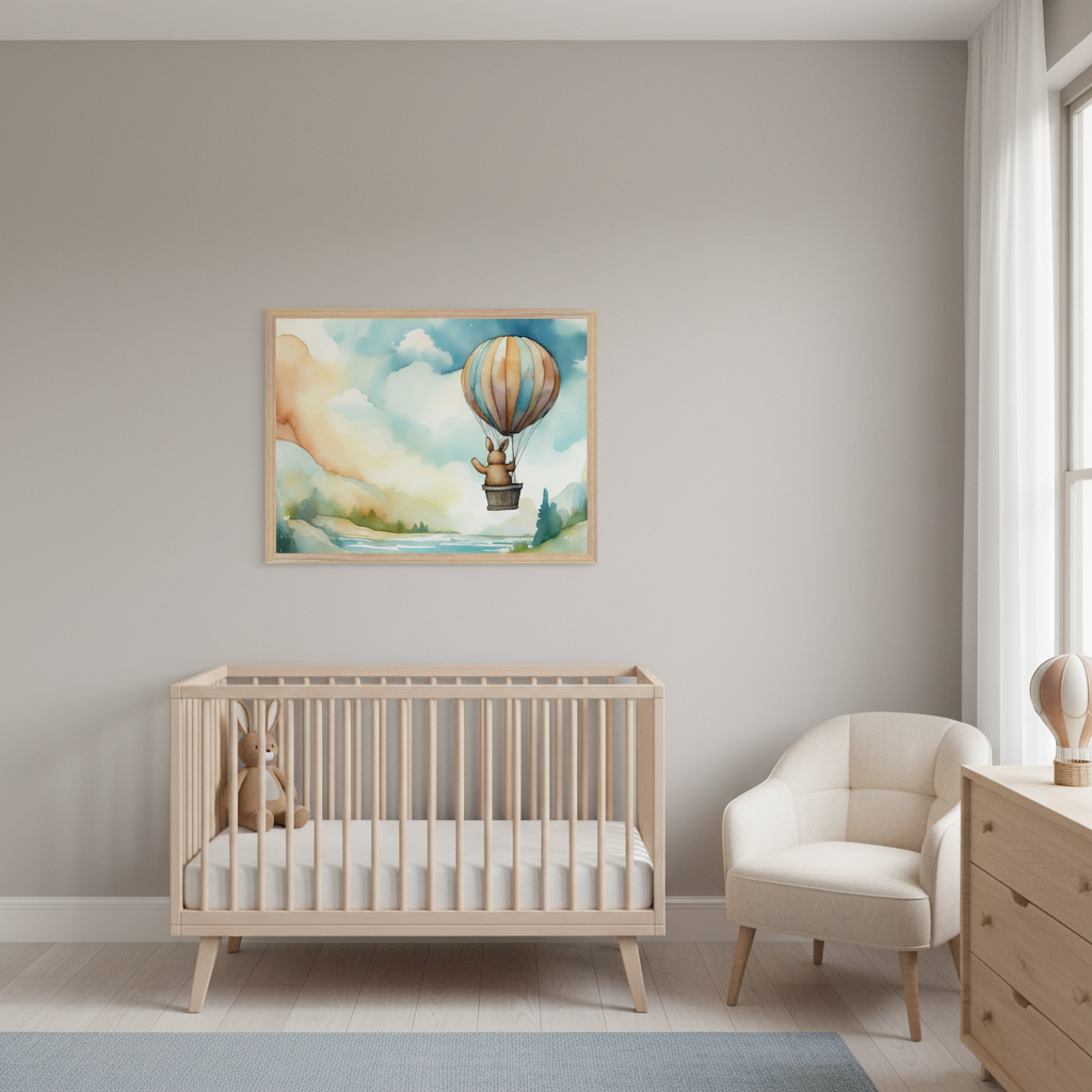 Modern nursery with a light wood crib, cream armchair, and dresser. A framed watercolor print of a rabbit in a striped hot air balloon soaring above a landscape hangs above the crib.