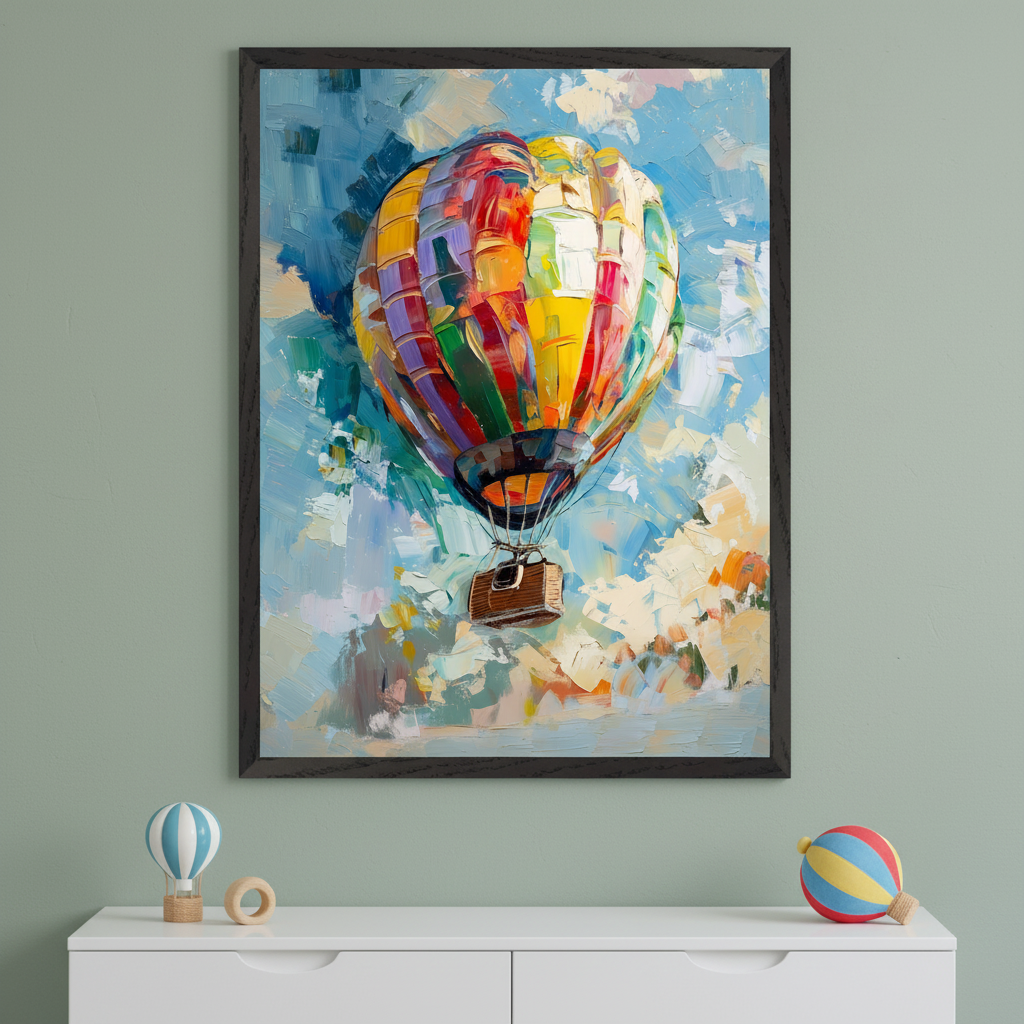 Nursery with a white dresser against a sage green wall. Centered above it hangs a large framed impasto painting of a colorful hot air balloon against a blue sky. Hot air balloon toys are on the dresser.