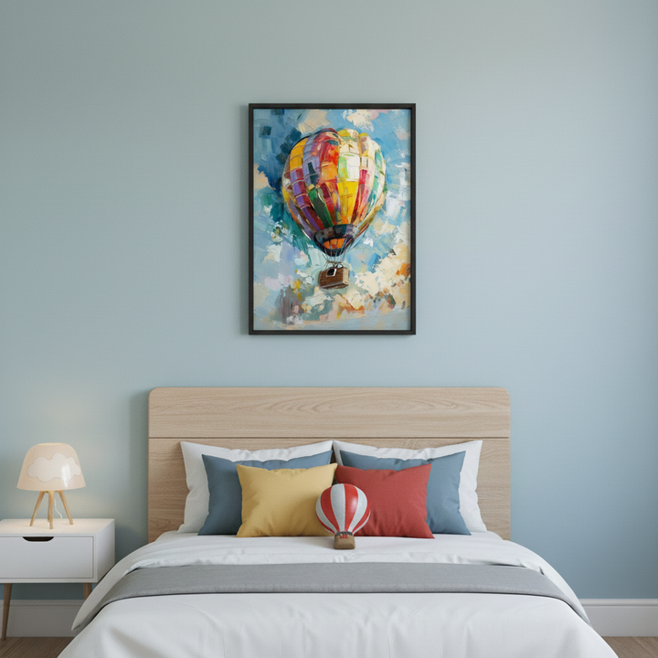 Modern bedroom with a light blue wall. A wooden headboard bed with white bedding, colorful pillows, and a decorative hot air balloon sits below a framed, colorful, painterly hot air balloon artwork centered on the wall. A white nightstand and lamp are to the left.