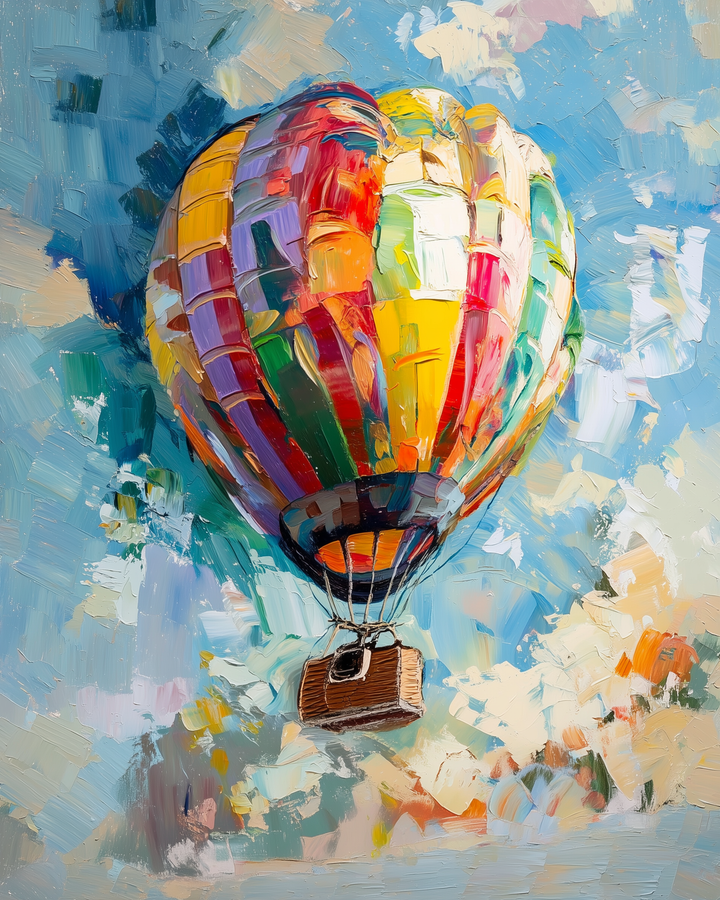A vibrant hot air balloon with a patchwork of colorful panels floats against a textured sky, painted in bold, expressive brushstrokes. The wicker basket hangs below, adding a touch of realism to the whimsical scene.