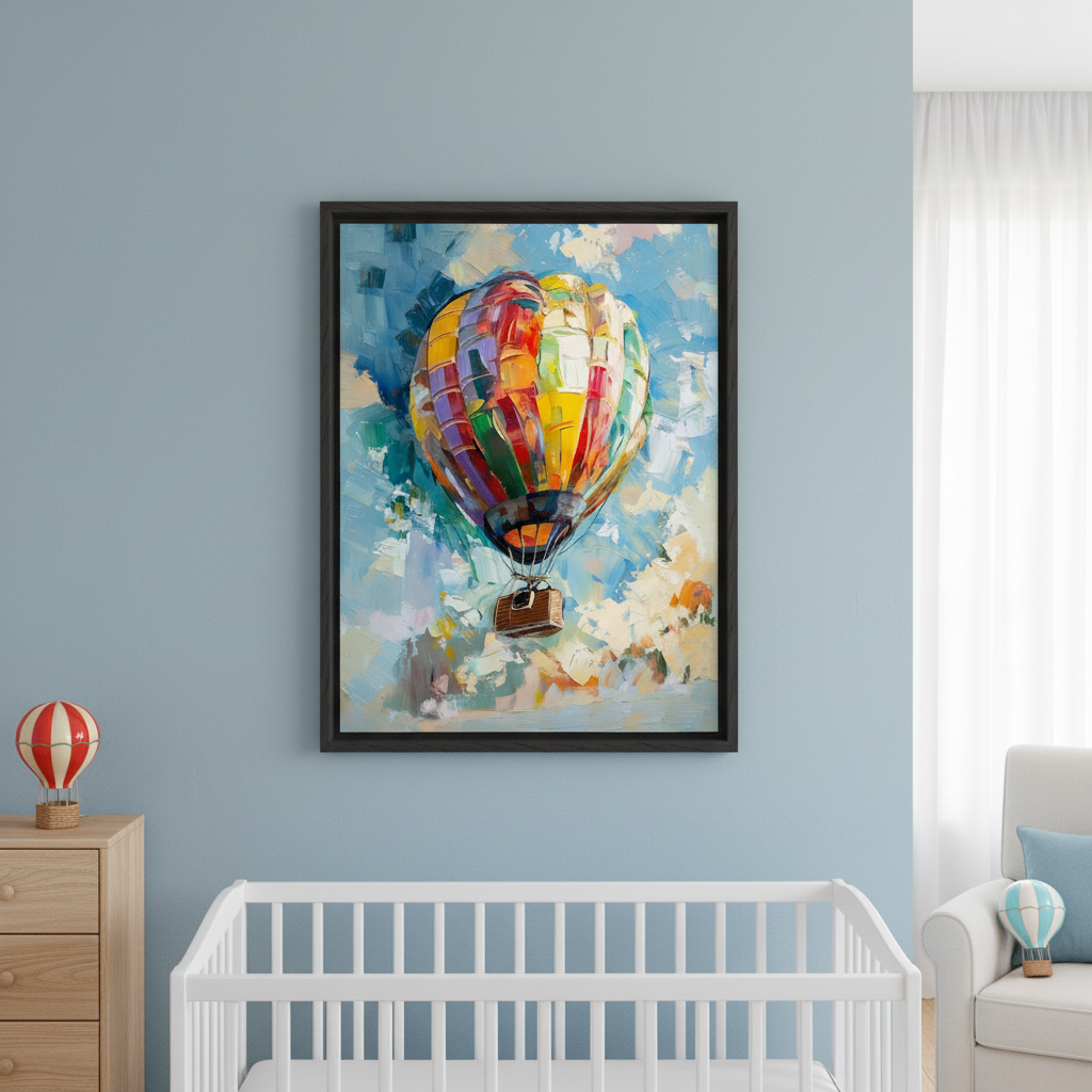 Modern nursery with light blue walls, a white crib, and a wooden dresser. A large framed textured painting of a colorful hot air balloon against a cloudy blue sky hangs above the crib. A white armchair is on the right.
