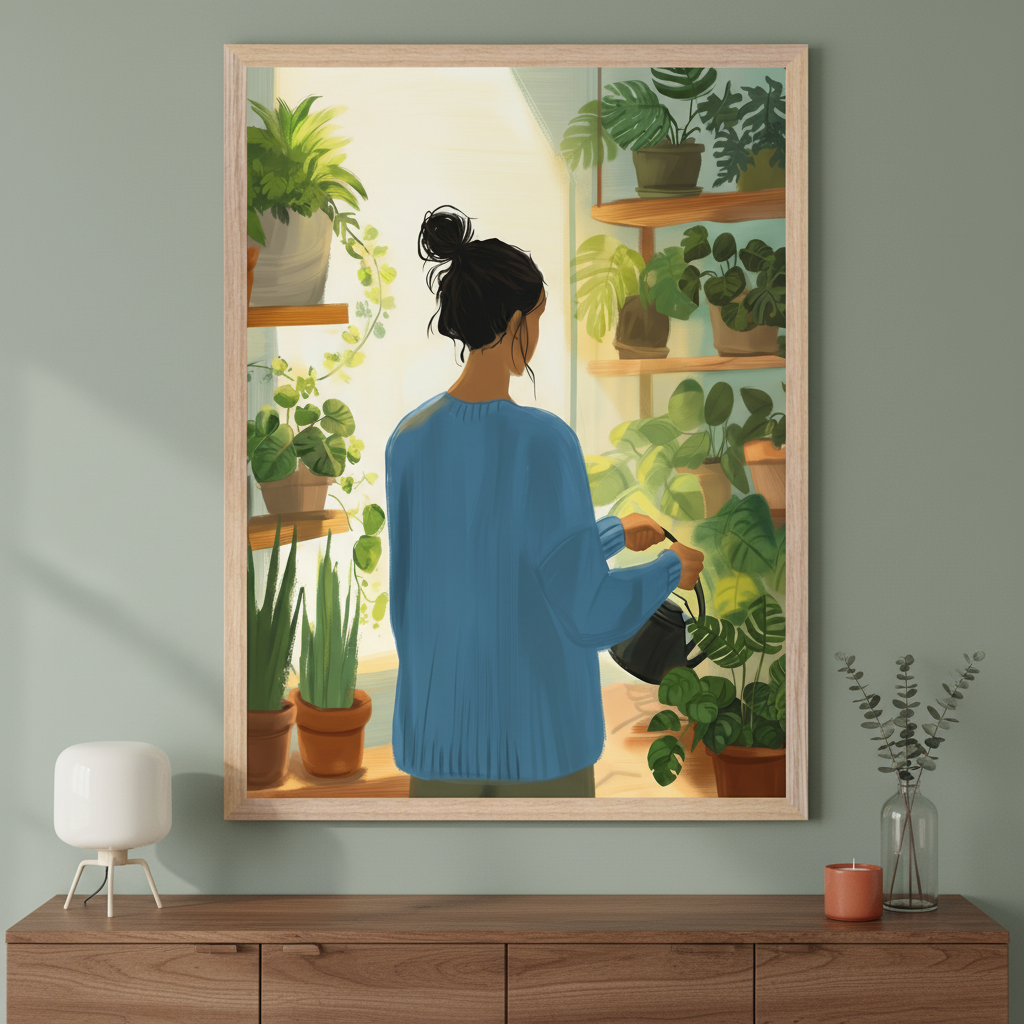 Modern room with a wooden credenza. A large framed painting of a woman in a blue sweater watering potted plants in a sunny room hangs above the credenza. A white lamp, orange candle, and vase with eucalyptus are on the credenza.