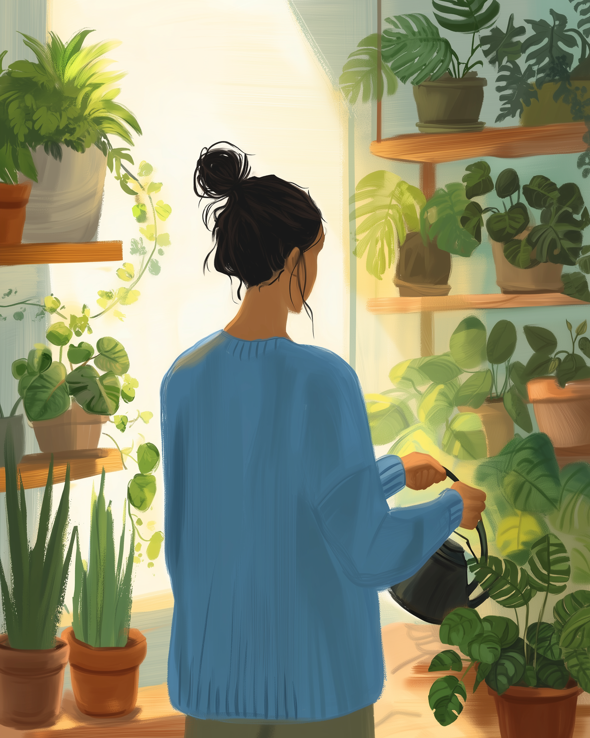 Illustration of a woman in a blue sweater watering a collection of leafy potted plants on wooden shelves in a sunlit room. Her back is turned, and warm sunlight highlights the abundance of greenery.