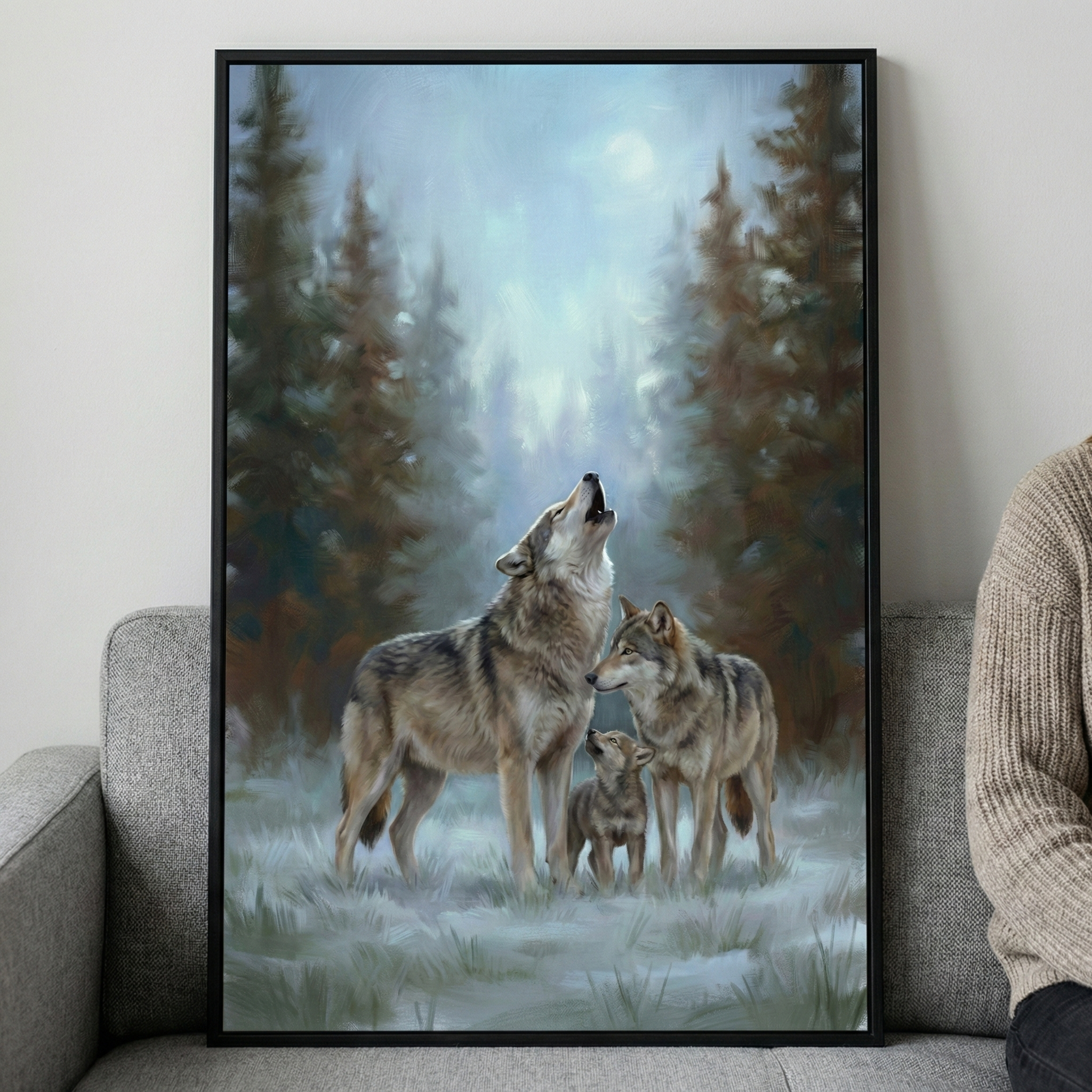 A vertical framed piece of art rests on a gray sofa. It depicts a family of three wolves in a misty winter forest. On the left, a large wolf stands howling towards a glowing light in the sky. To its right, another wolf stands protectively next to a small wolf pup. The background features tall, dark evergreen trees shrouded in fog. The ground is dusted with snow and frost. The artwork has a soft, textured style and is enclosed in a simple black frame.