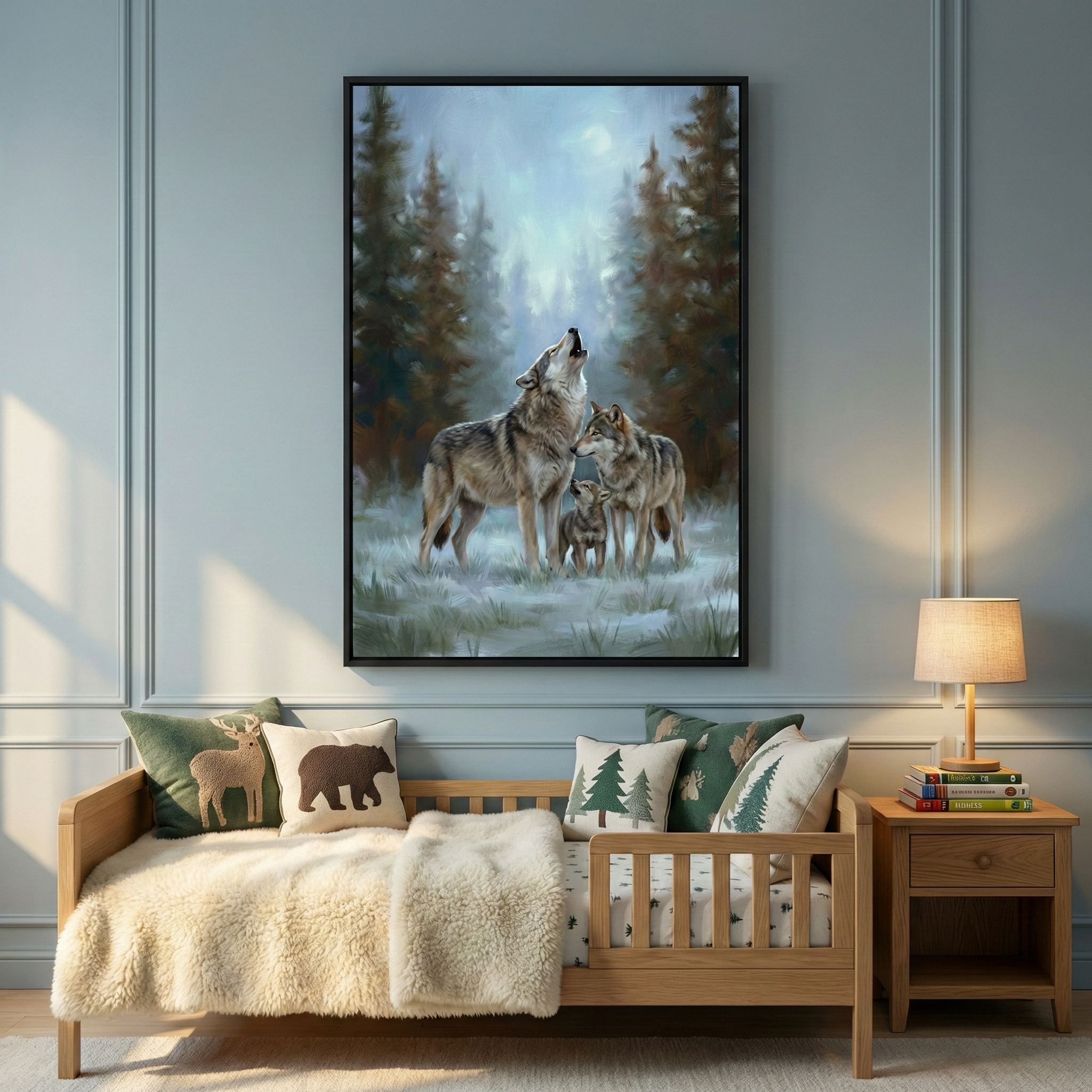 A large vertical framed illustration hangs on a light blue wall above a wooden daybed. The artwork depicts three wolves in a snowy forest under a full moon; one large wolf is howling. The bed is covered in a fluffy white throw and four decorative pillows featuring nature motifs like a bear, deer, and evergreen trees. To the right, a wooden nightstand holds a small stack of books and a lit lamp with a beige shade. Soft daylight enters the room, creating a serene, woodland-themed space.