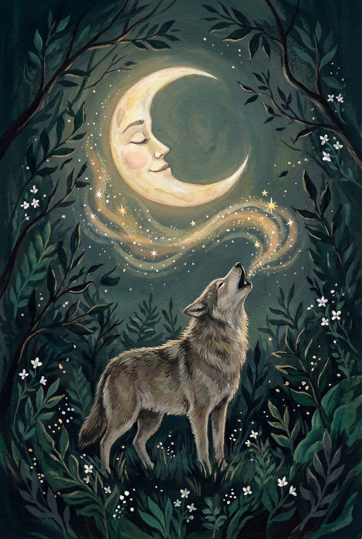 An illustration of a wolf standing in a dark woodland, its head tilted back as it howls. From its open mouth, a magical stream of golden stardust and tiny stars swirls upward towards a large, pale yellow crescent moon. The moon has a peaceful, smiling human face with eyes gently closed. The entire scene is framed by lush, dark green foliage and delicate white flowers, creating a dreamlike and enchanting atmosphere.