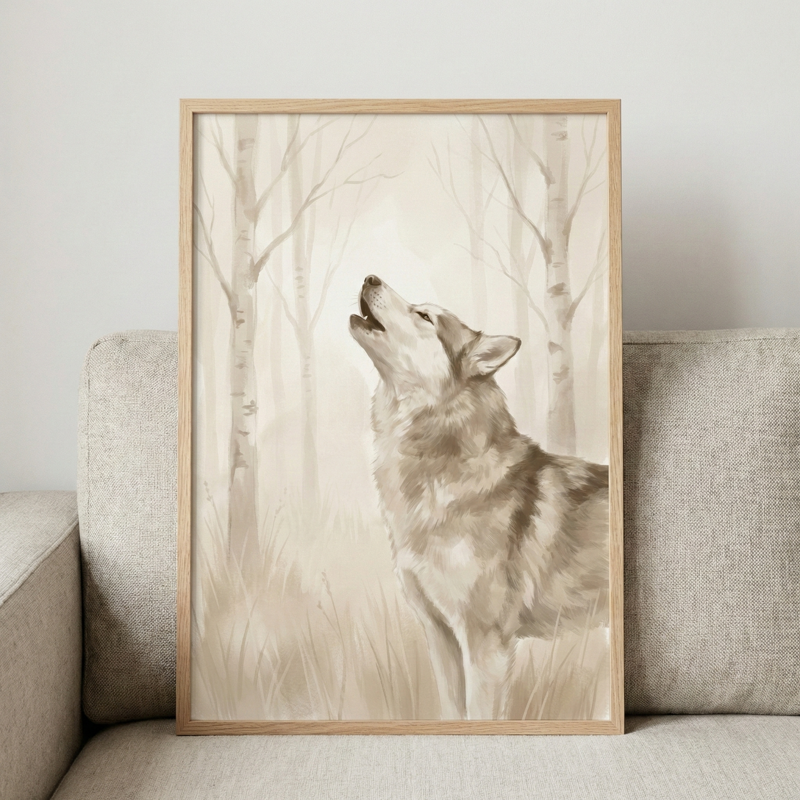 A serene illustration of a wolf howling, depicted in soft, monochromatic tones of beige and cream. The wolf stands in a misty forest filled with slender birch trees and tall grass. The piece is showcased in a light wood frame, leaning against a plain wall on a light-colored, textured couch. The style is gentle and atmospheric, capturing a quiet moment in nature.