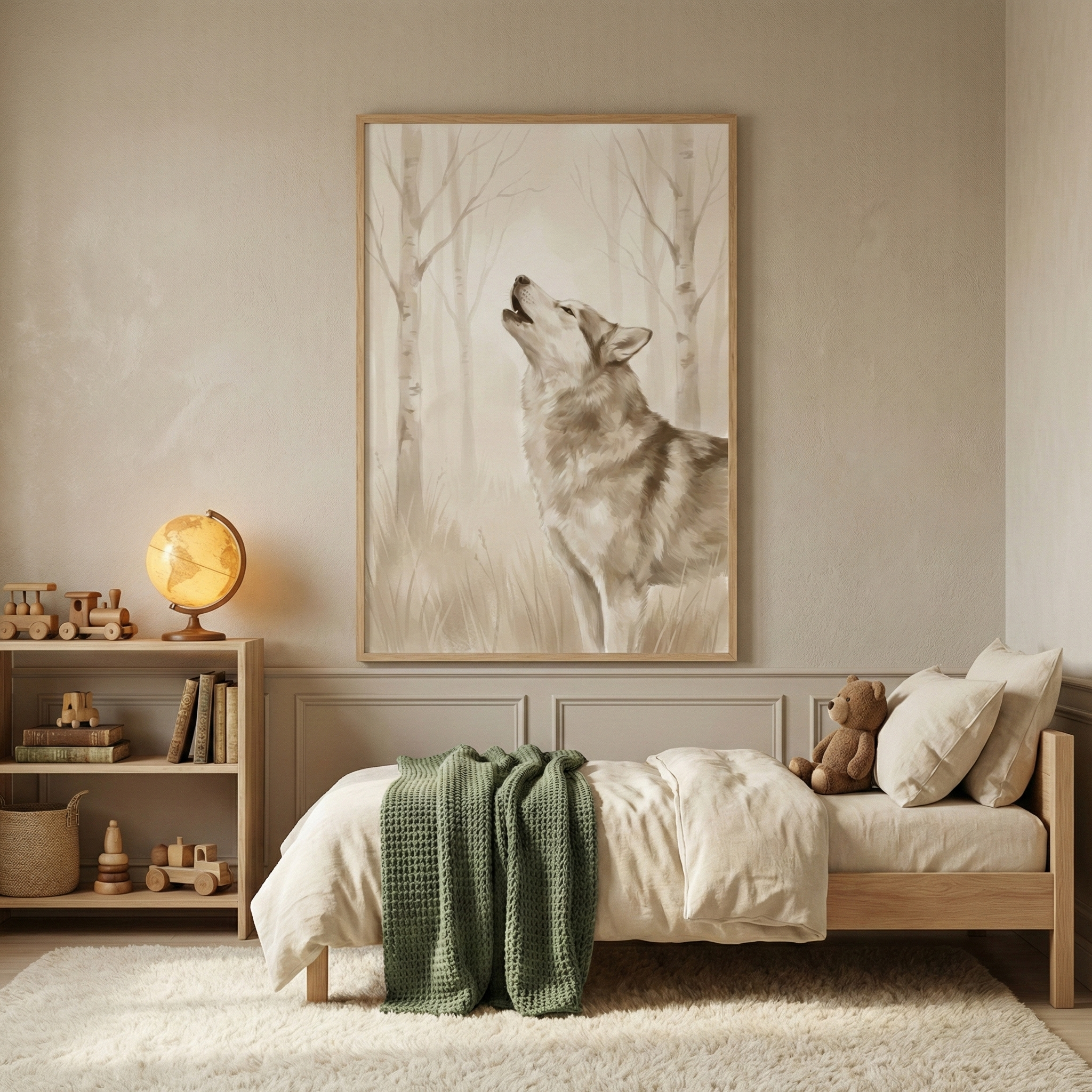 A serene and minimalist child's bedroom with a warm, cozy atmosphere. Centered on a soft taupe wall with elegant panel molding hangs a large, vertically framed illustration. The artwork depicts a lone wolf howling in a misty forest of birch trees, rendered in delicate, monochromatic sepia and cream tones. Below it, a simple natural wood bed is dressed in neutral beige linens, with a thick, textured sage-green knit blanket draped over the foot. 