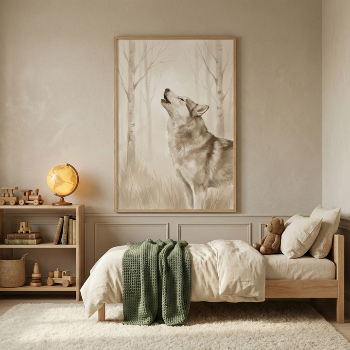 A serene and minimalist child's bedroom with a warm, cozy atmosphere. Centered on a soft taupe wall with elegant panel molding hangs a large, vertically framed illustration. The artwork depicts a lone wolf howling in a misty forest of birch trees, rendered in delicate, monochromatic sepia and cream tones. Below it, a simple natural wood bed is dressed in neutral beige linens, with a thick, textured sage-green knit blanket draped over the foot. 
