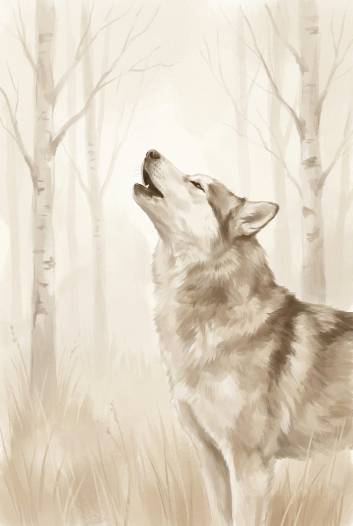 Sepia watercolor painting of a wolf lifting its head in a howling pose among tall birch trees, rendered in soft muted earth tones.
