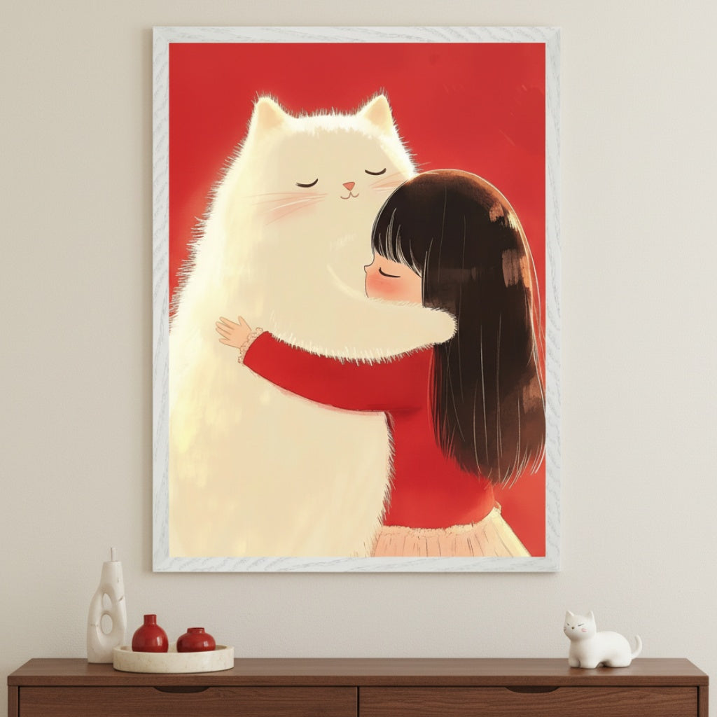 Modern room with a dark wood dresser. A large white-framed illustration of a girl in a red top hugging a fluffy white cat on a red background hangs centered above the dresser. A white vase, red dishes, and a white cat figurine are on the dresser.