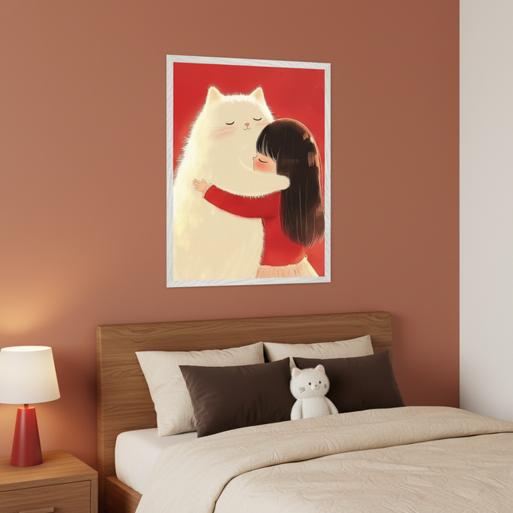 Modern bedroom with a wooden bed, nightstand, and red lamp. A framed art print depicting a girl hugging a fluffy white cat on a red background hangs above the bed. A white cat plushie is on the bed.