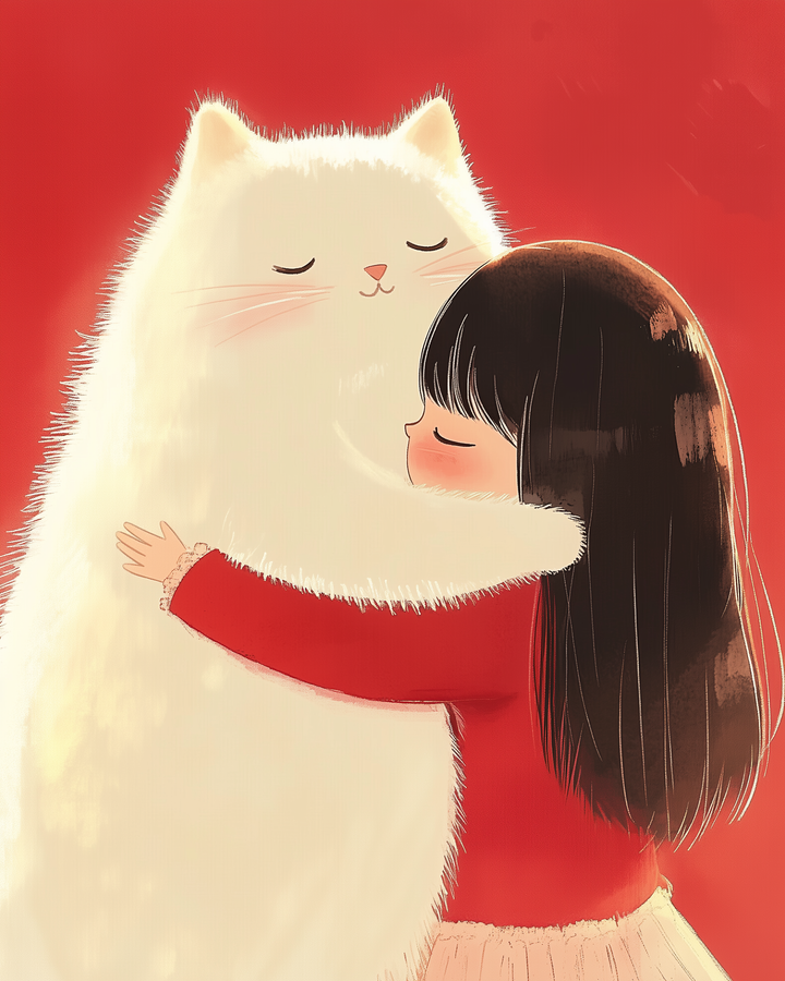 A young girl with long dark hair and a red sweater affectionately hugs a large, fluffy white cat against a warm red background.
