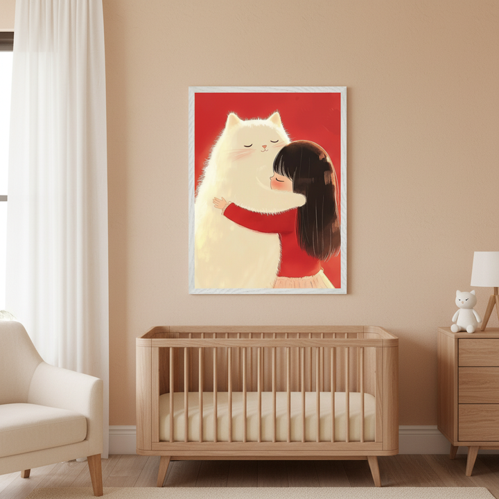 Modern nursery with a light wood crib and dresser. A cream armchair is on the left. A framed illustration of a dark-haired girl in red hugging a large fluffy white cat on a red background hangs centered above the crib.