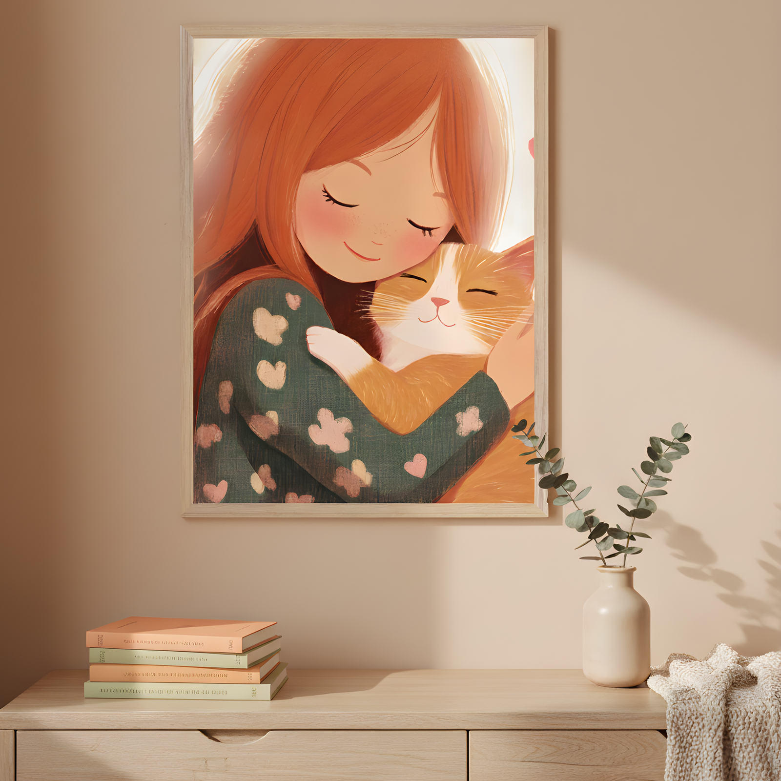 Framed illustration of a smiling girl with long red hair hugging a content orange-and-white cat, both with closed eyes, radiates warmth and affection. The girl wears a dark green sweater with heart patterns, and the soft, glowing light enhances the cozy, love-filled mood of the artwork, perfectly complementing the gentle decor around it.