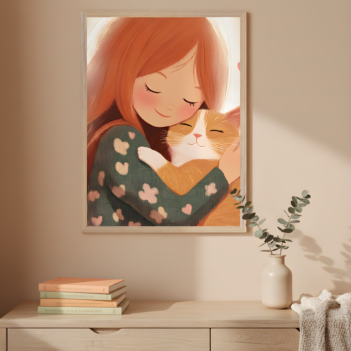 Framed illustration of a smiling girl with long red hair hugging a content orange-and-white cat, both with closed eyes, radiates warmth and affection. The girl wears a dark green sweater with heart patterns, and the soft, glowing light enhances the cozy, love-filled mood of the artwork, perfectly complementing the gentle decor around it.