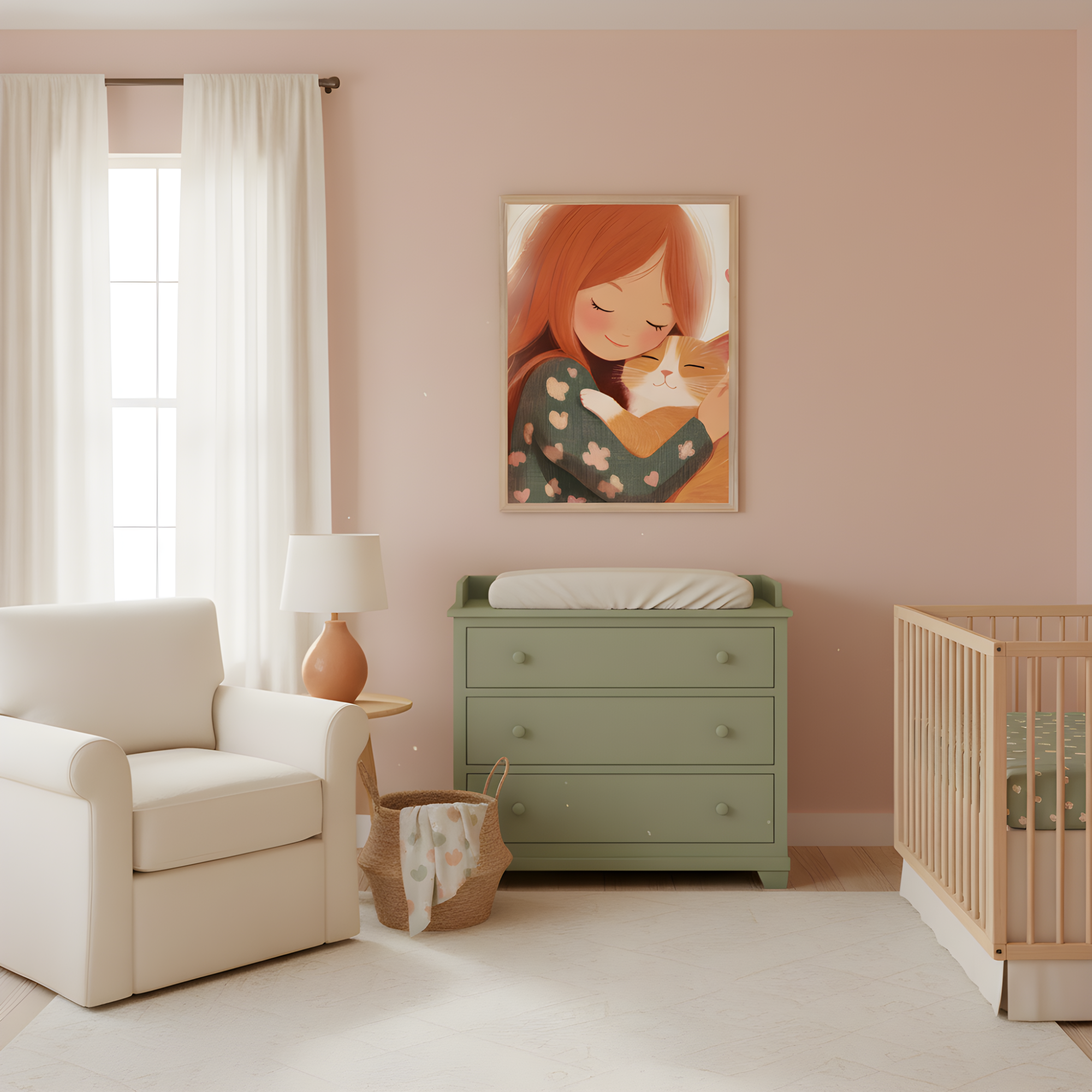 Soft pink nursery features a framed illustration of a girl with red hair hugging an orange-and-white cat, both with peaceful, closed eyes and warm expressions. The room includes a green changing table, a natural wood crib with green bedding, and a cozy white armchair, creating a soothing, heartwarming atmosphere.