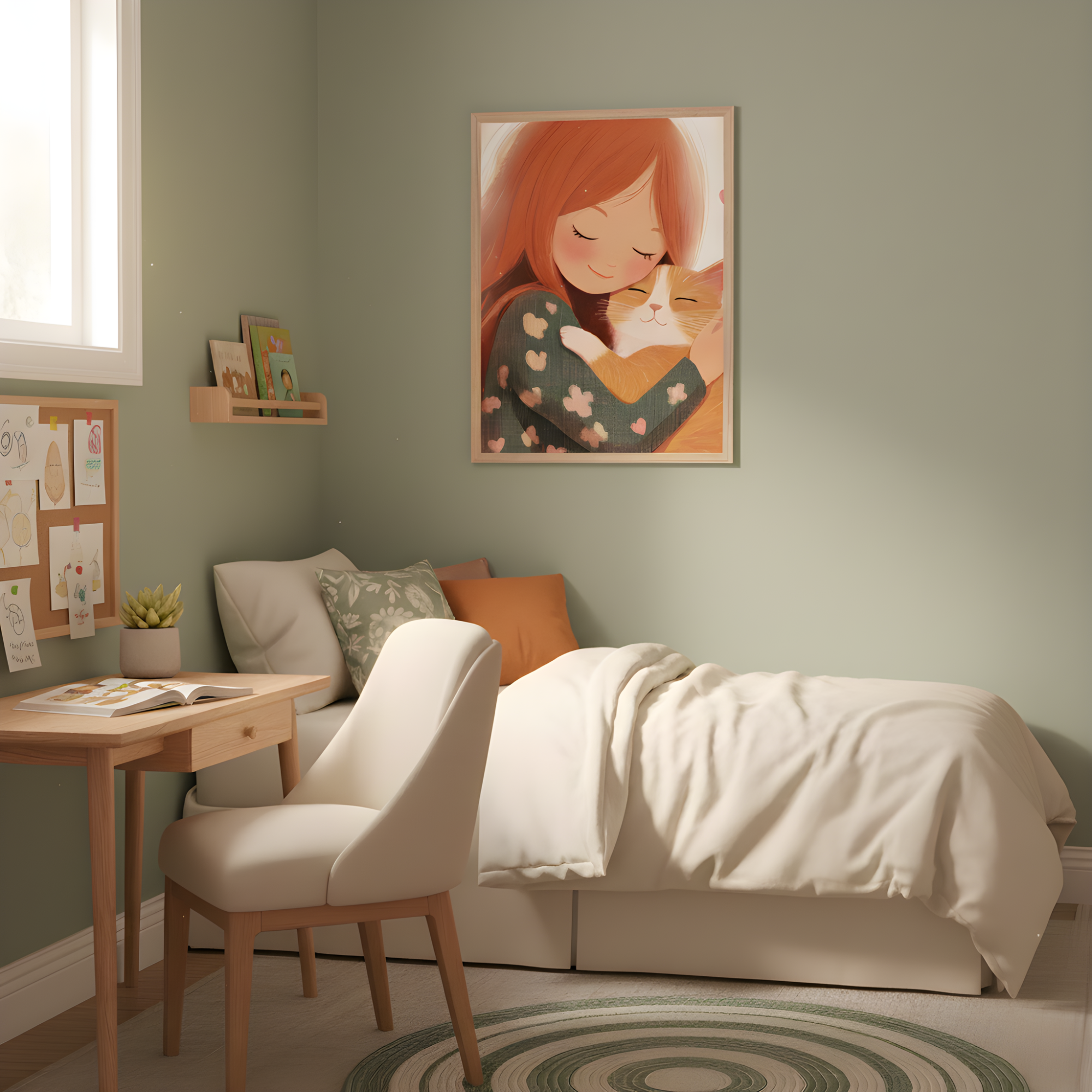 A cozy bedroom with sage green walls features a framed illustration of a red-haired girl hugging an orange-and-white cat, both with serene, closed eyes. The space includes a neatly made bed with white bedding and earth-toned pillows, a small wooden desk with a white chair, and playful touches like kids’ drawings and books, creating a warm and nurturing environment.