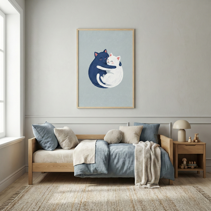 A cozy minimalist bedroom features a light wood daybed dressed in soft blue and cream bedding. Above the bed hangs a framed illustration of a black cat and a white cat hugging in a circular, yin-yang style pose on a pale blue background. To the right, a matching wooden nightstand holds a simple mushroom-shaped lamp and small wooden toys. The room is decorated in neutral tones with a large textured rug and a window on the left side letting in soft, natural light.