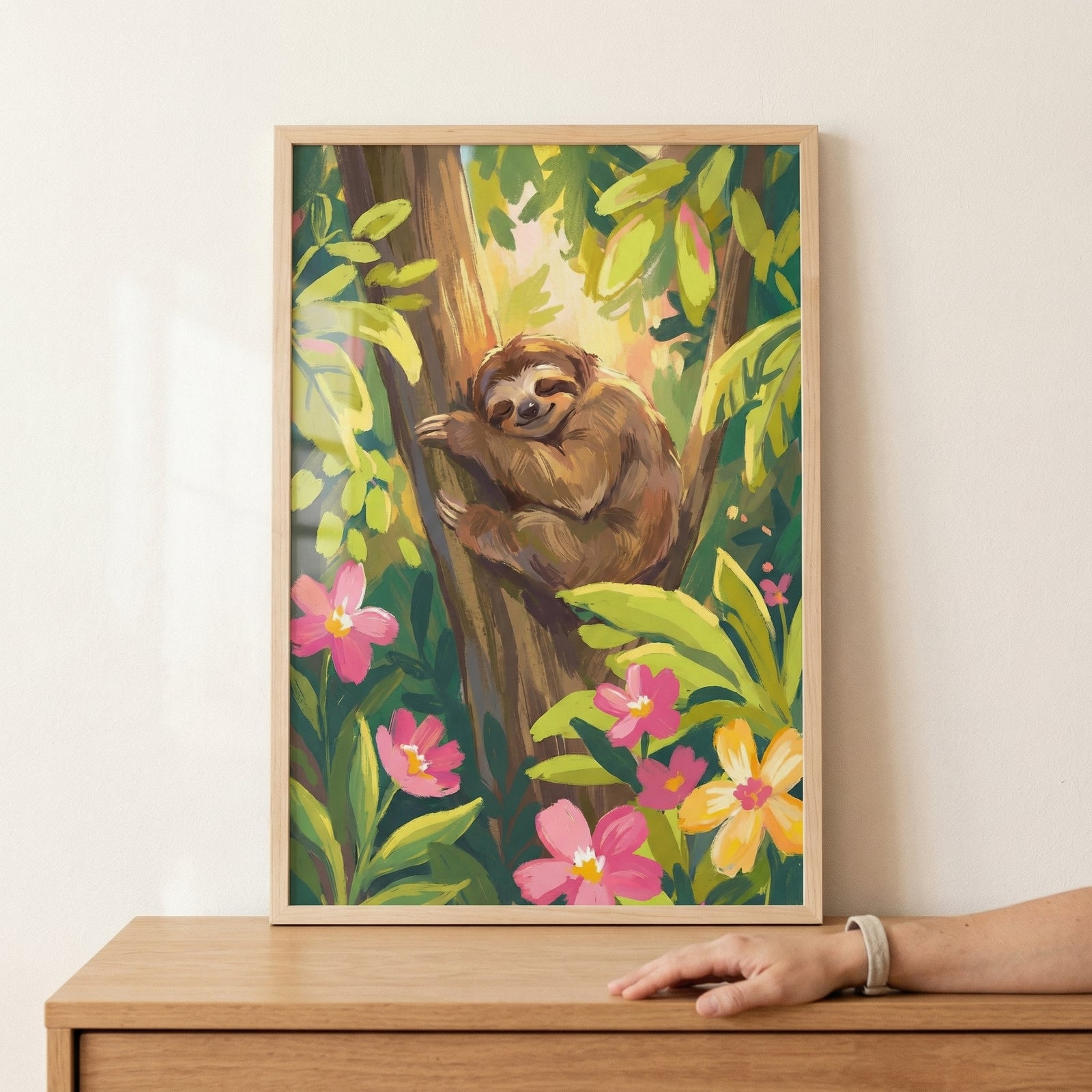 Framed painting of a sleeping sloth curled around a tree branch surrounded by lush green leaves and pink tropical flowers, resting on a wooden surface with a person’s hand visible nearby. The artwork creates a warm and calming jungle inspired scene with soft sunlight filtering through the foliage.