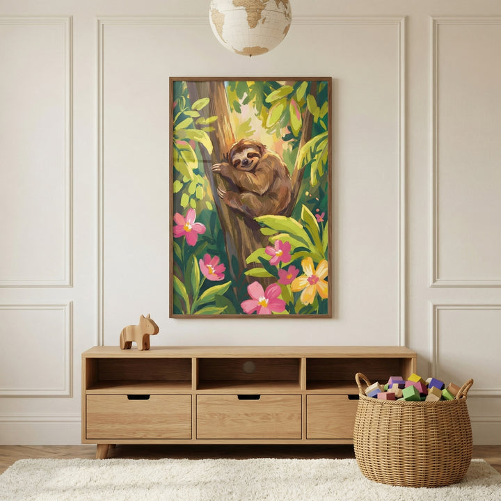 Light and airy playroom with a low wooden storage unit, woven basket of colorful blocks, and a small wooden animal toy on top. Above it hangs a framed painting of a sleeping sloth curled around a tree branch surrounded by green leaves and pink flowers, adding a soft and calming jungle theme to the space.