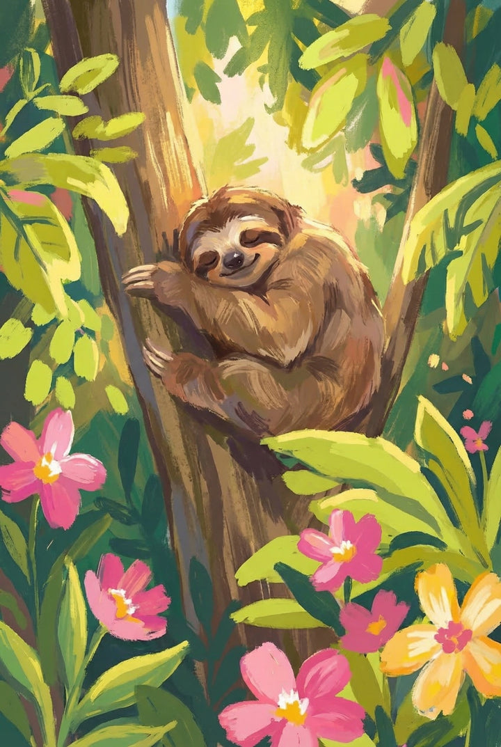 A whimsical digital artwork shows a light brown sloth with a contented smile, fast asleep while hugging a tree trunk. The scene is set in a vibrant, sun-dappled forest filled with lush green leaves and bright pink and yellow flowers in the foreground. The piece uses expressive, visible brushstrokes and a warm color palette to create a peaceful and cozy atmosphere.