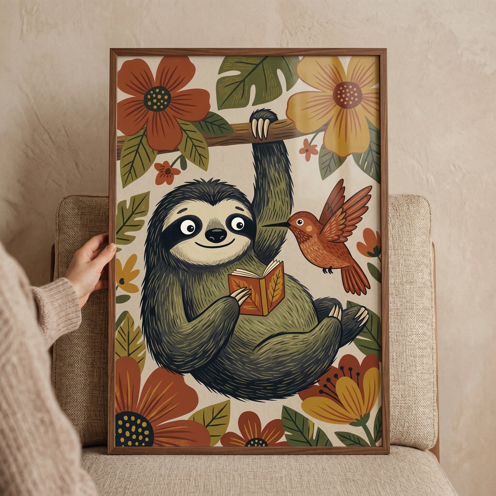 Hummingbird Friend Reading Sloth Animals Wall Art - Sloth Story Time