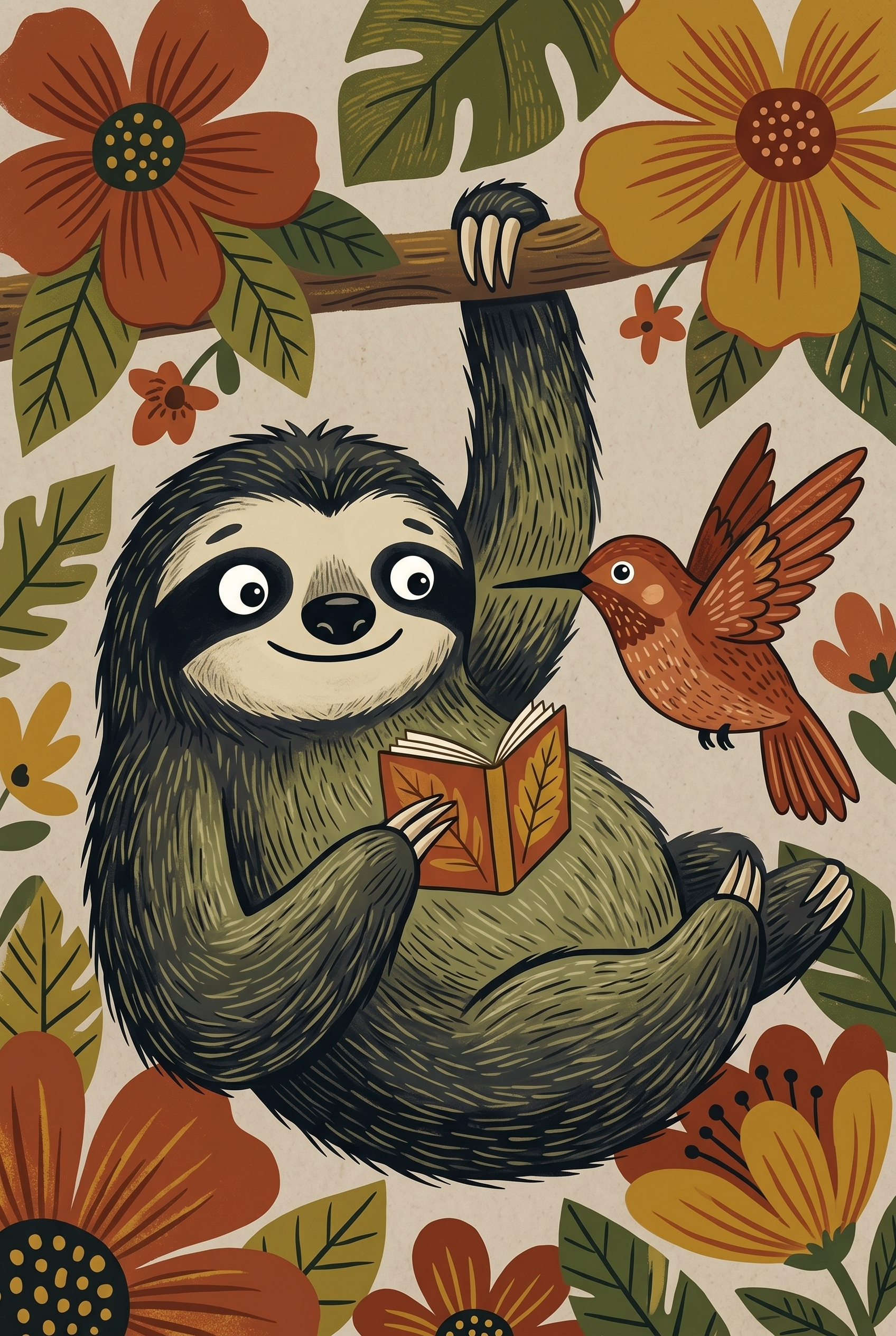 Hummingbird Friend Reading Sloth Animals Wall Art - Sloth Story Time