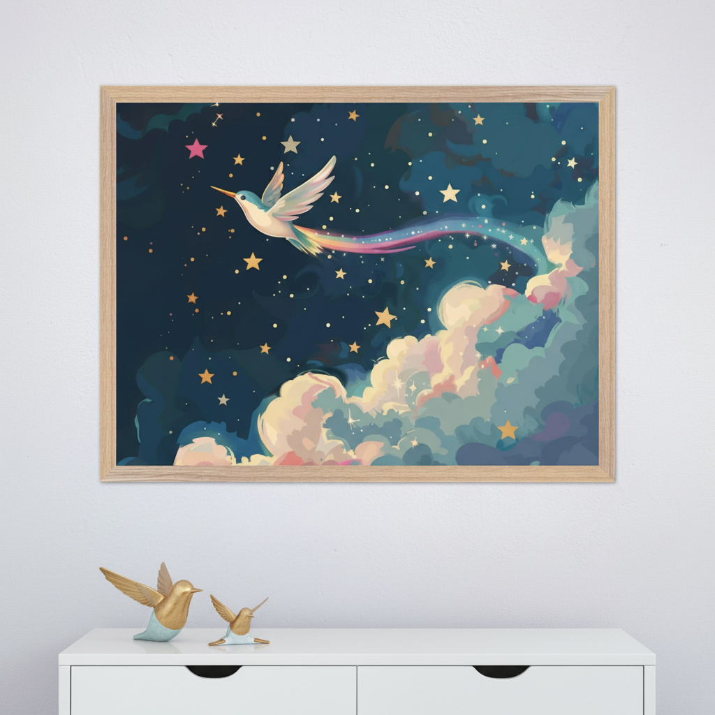 Modern room with a white dresser. A framed whimsical painting of a bird leaving a rainbow trail in a starry night sky with clouds hangs centered above the dresser. Two golden bird figurines sit on the dresser.
