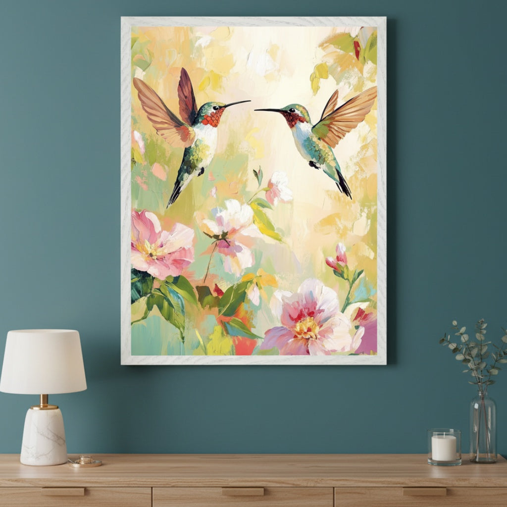 Modern room with a light wood dresser against a dark teal wall. A large framed painting of two hummingbirds among pink and white flowers in an impasto style hangs centered above the dresser.