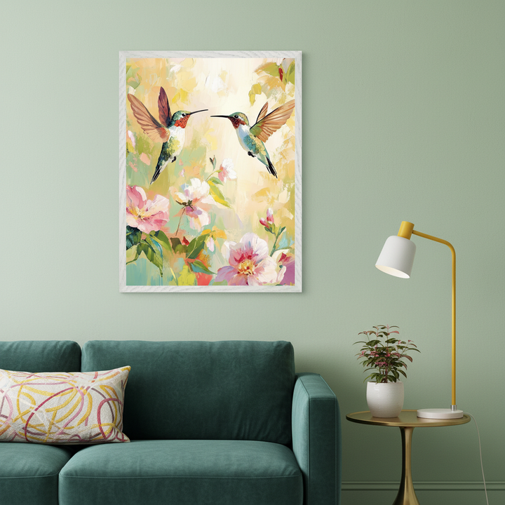 Living room with a dark green sofa and a patterned pillow. A large framed painting of two hummingbirds among pink and white flowers, in an impressionistic style, hangs above the sofa. A yellow and white lamp sits on a gold side table next to the sofa.