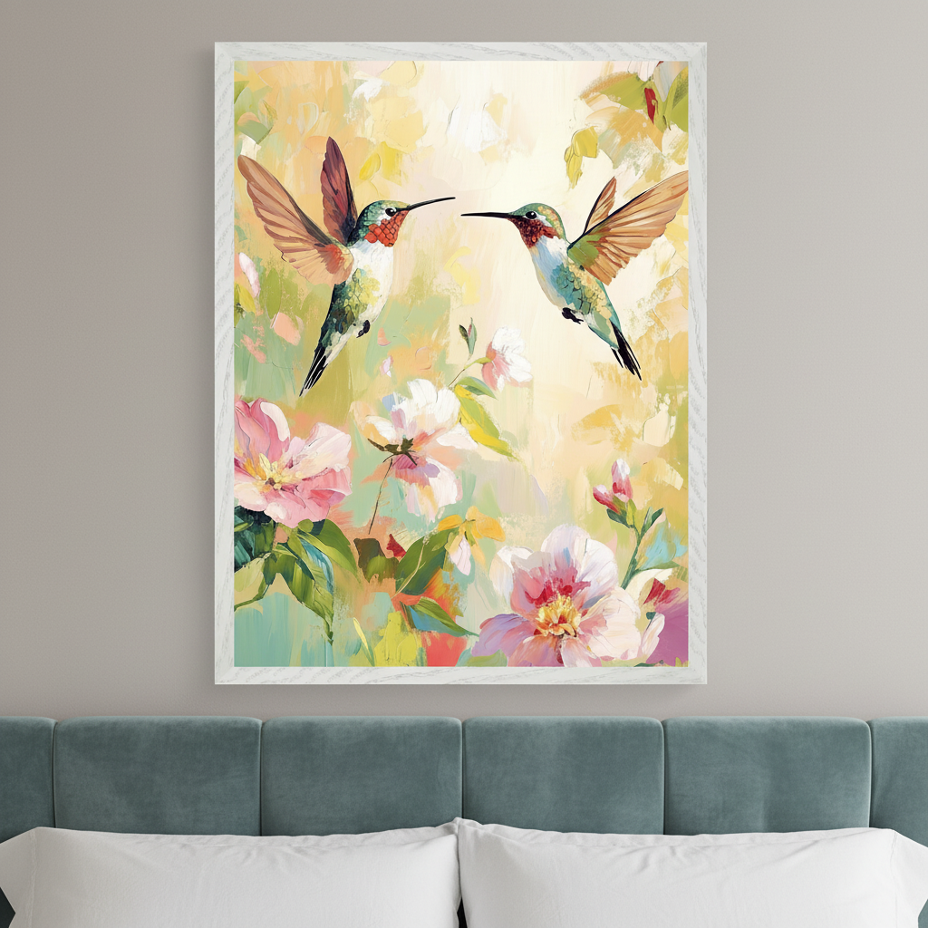 Modern bedroom with a teal upholstered headboard and white pillows. A framed painterly artwork of two hummingbirds among pink and white flowers on a yellow-green background hangs centered above the bed.