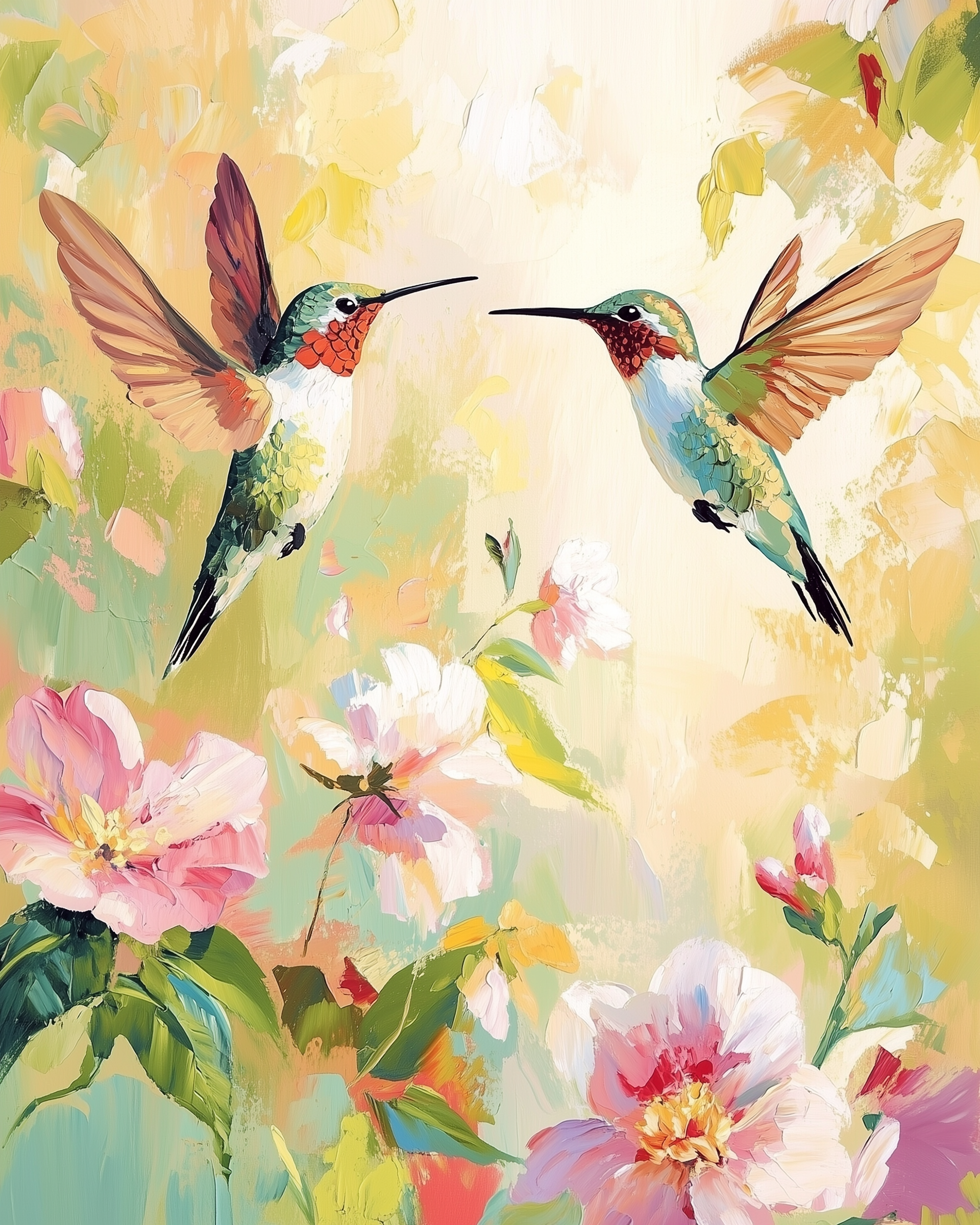 Two hummingbirds mid-flight, facing each other among blooming pink and white flowers. The soft, abstract background in warm yellows and greens gives a dreamy, romantic atmosphere.