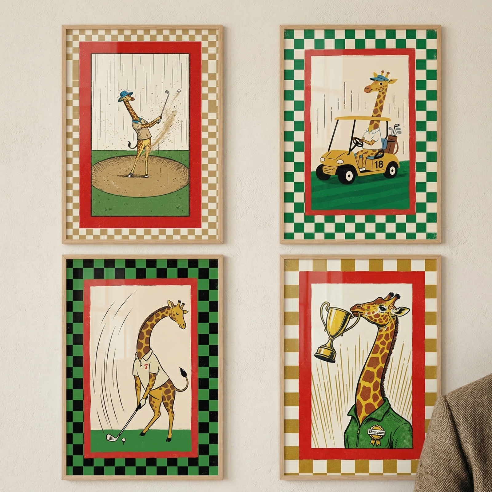 Four framed illustrations of a giraffe playing golf are displayed in a 2x2 grid. In the top-left, the giraffe swings a club in a sand bunker. The top-right shows it driving a small yellow cart. On the bottom-left, it is shown mid-swing on a green course. The final frame at the bottom-right features a close-up of the giraffe wearing a green polo and a champion ribbon, triumphantly holding a gold trophy in its mouth. Each print has a unique checkered border and a red inner frame.