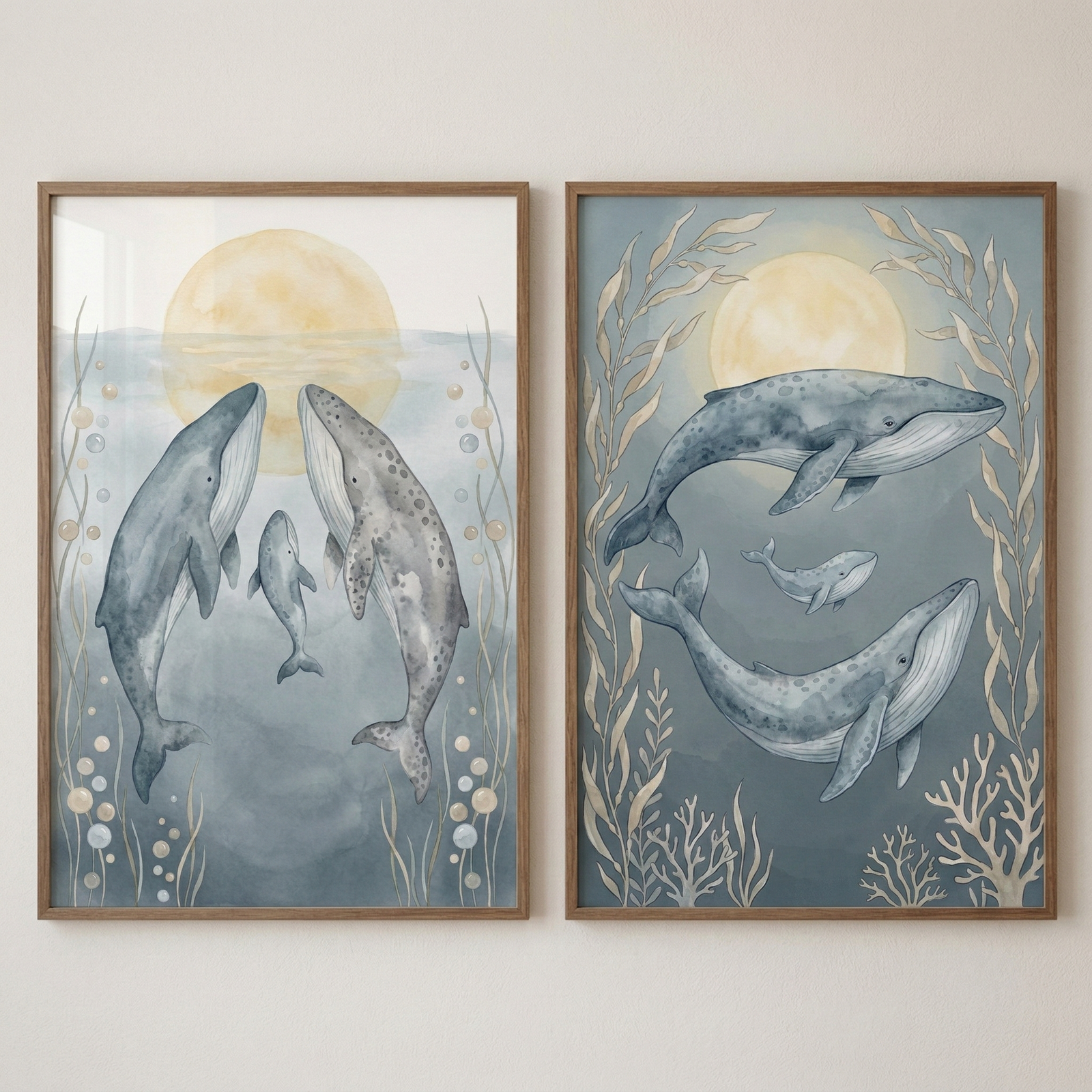 Two vertical, wood-framed watercolor-style illustrations featuring whale families in a serene underwater setting. Each piece showcases three whales—two large adults and one small calf—rendered in soft shades of blue and grey. In both scenes, a large, glowing pale yellow moon illuminates the background. 

