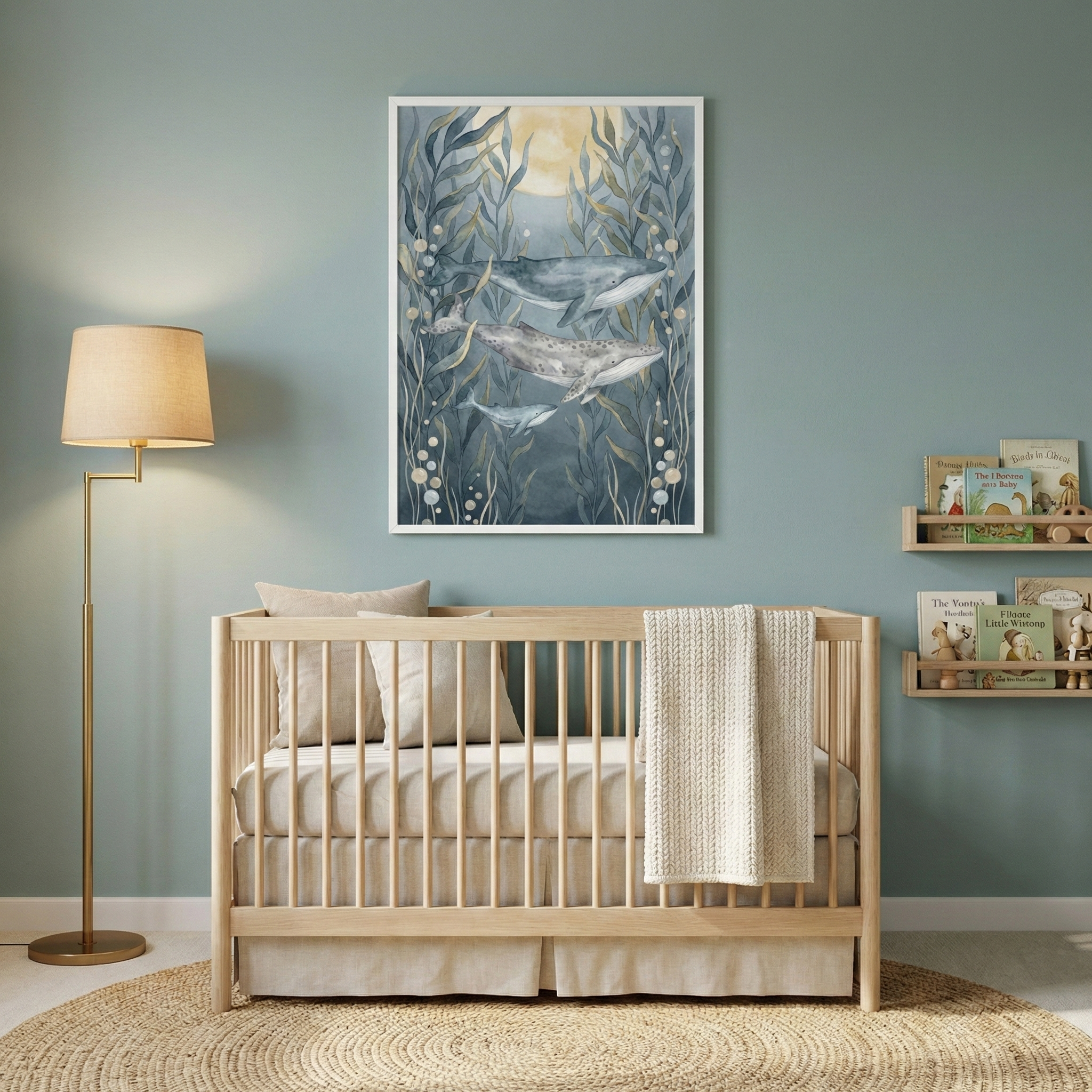 A serene nursery is set against a muted blue-green wall. Centered in the room is a light-toned wooden crib with a neutral-colored mattress, two matching pillows, and a white knitted blanket draped over the side. Hanging directly above the crib is a large, vertical artwork. This piece features a family of three whales swimming amidst swaying seaweed and floating bubbles in an underwater scene, with a pale glowing orb in the background. 