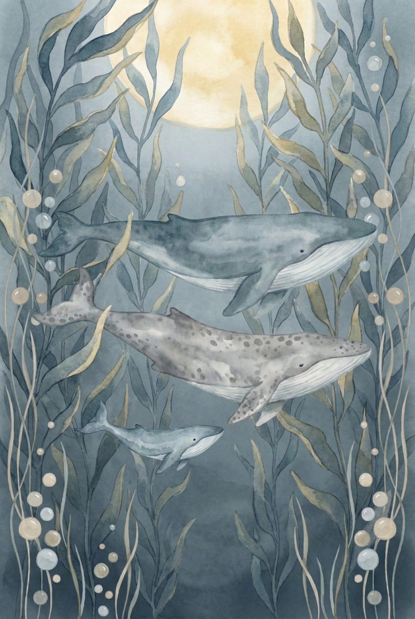 Watercolor painting of three adult whales and one calf swimming gracefully through seaweed in a softly lit ocean scene with bubbles and a glowing full moon overhead.
