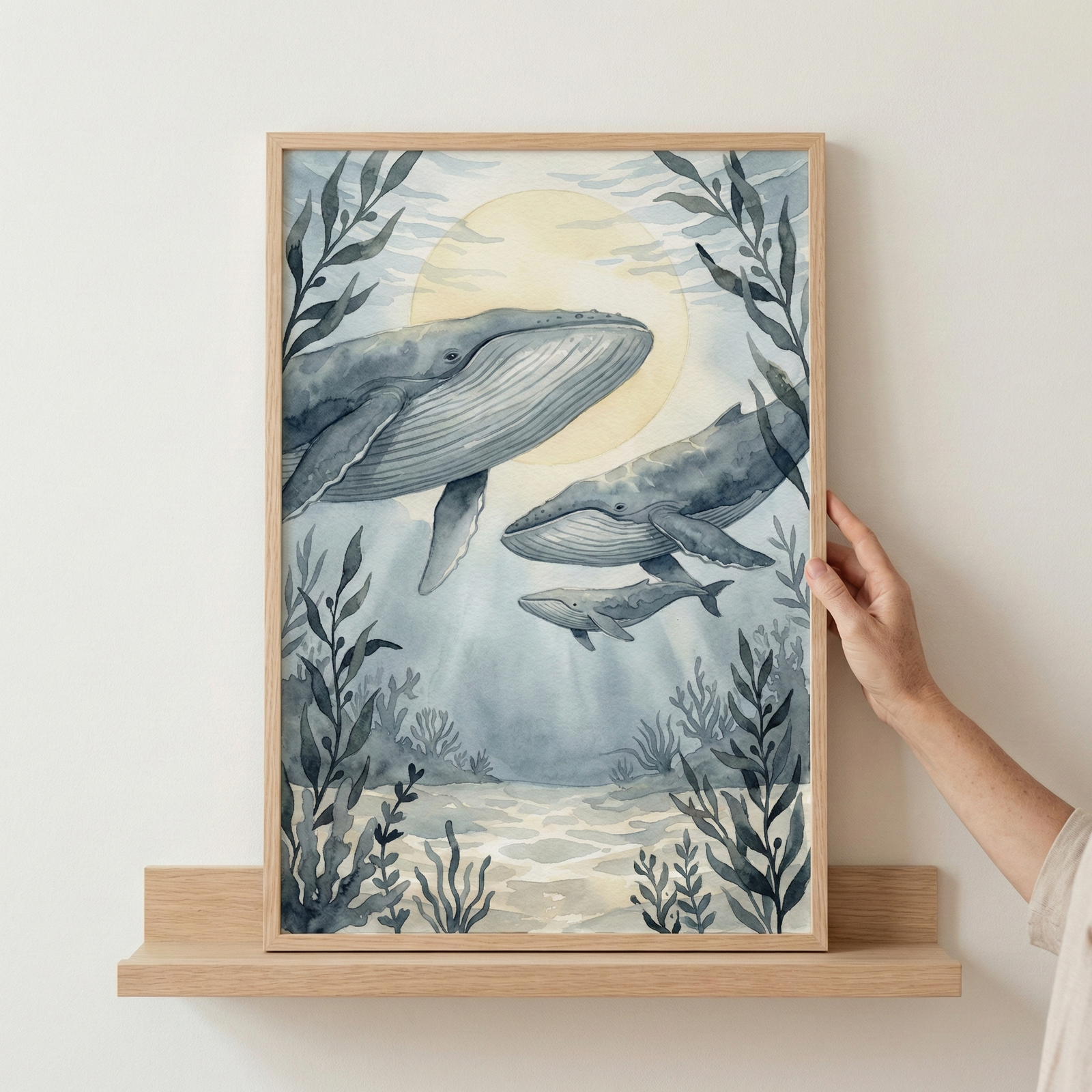 A framed watercolor illustration of a whale family swimming through a calm underwater environment. A large adult whale and a medium-sized whale swim together, followed by a smaller calf. In the background, a large, soft yellow sun or moon glows through the water. The scene is framed by dark blue seaweed and coral at the bottom and sides. The artwork is presented in a light wood frame, resting on a wooden shelf against a white wall, with a hand gently holding the side of the frame.