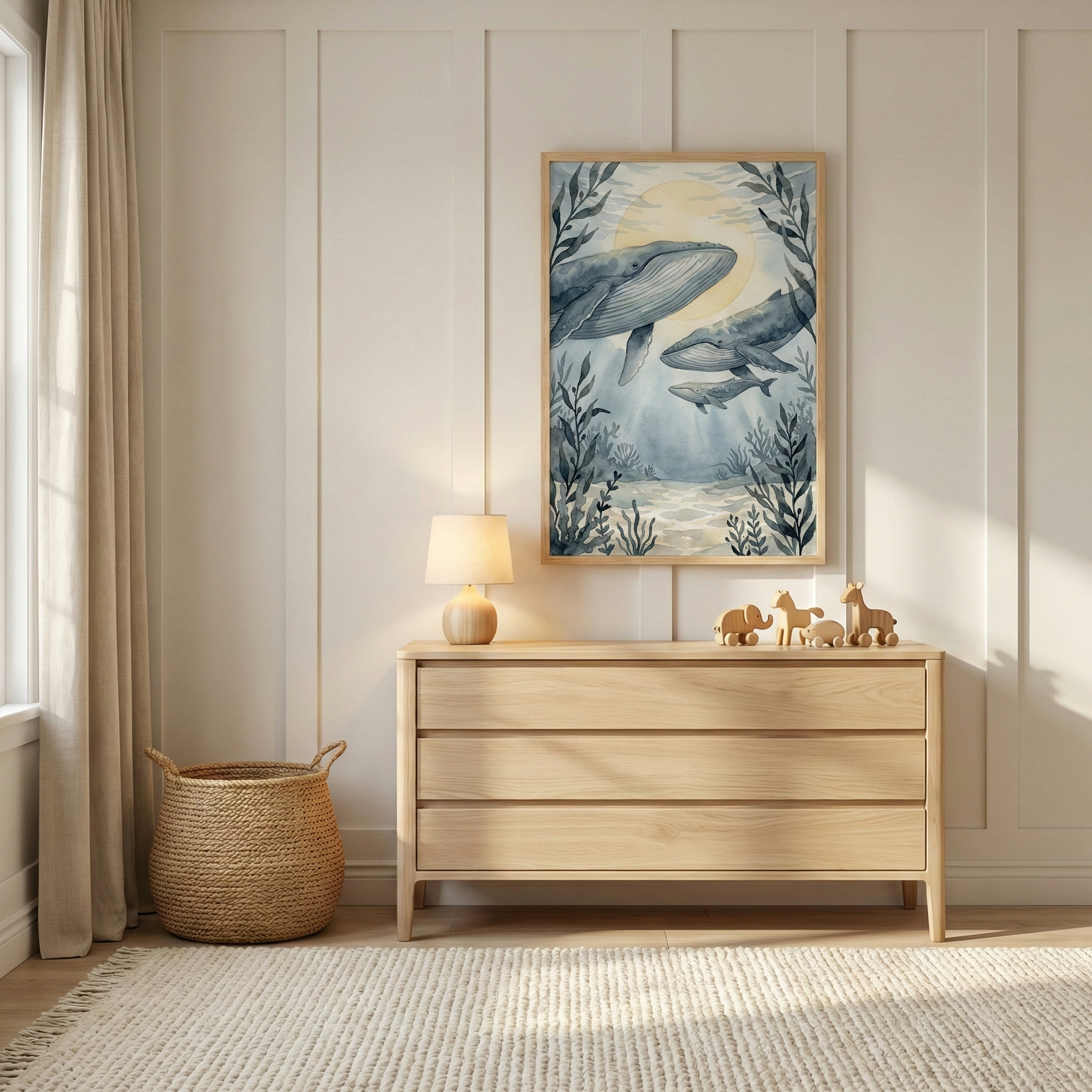 A minimalist and tranquil nursery setting featuring a light-toned wooden dresser against a paneled wall. On the dresser sits a glowing small lamp and a collection of wooden toy animals. Centrally hanging above the dresser is a framed watercolor-style illustration of whales swimming in a serene underwater scene with kelp and a large yellow circular shape. To the left, a large woven basket rests on a textured cream rug. The scene is illuminated by soft, warm light.