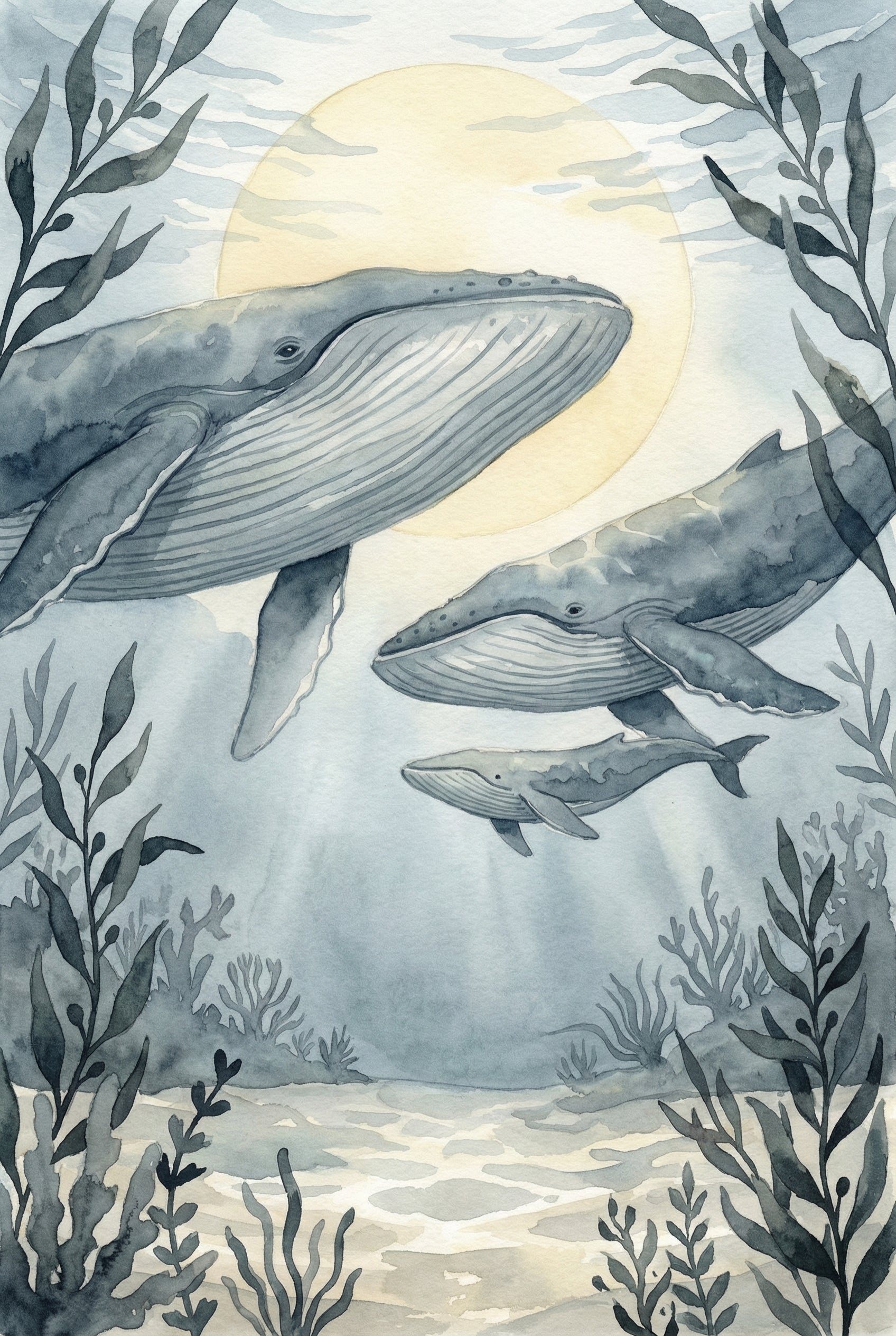 Three whales swim side by side in the deep ocean, lit by beams of sunlight filtering through the water. Dark kelp and shadowy coral add depth to the tranquil underwater scene.
