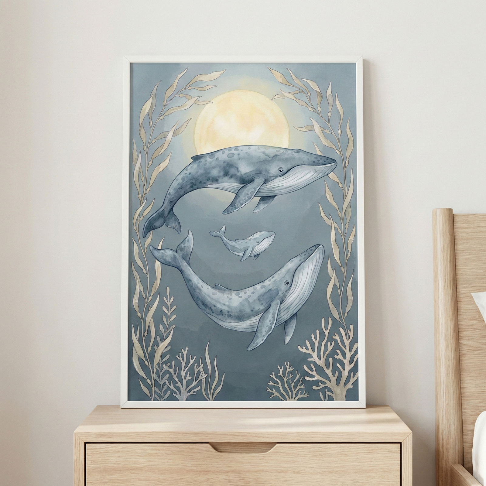 A framed watercolor-style illustration of three whales swimming in a serene underwater environment. A large, soft yellow moon glows in the background behind the whales. The whales have a speckled, blue-grey appearance. Ornate, pale beige seaweed and foliage frame the scene on either side, with delicate coral details at the bottom. The artwork is housed in a white frame and displayed on a light-colored wooden dresser, positioned next to a wooden bed frame in a peaceful interior setting.