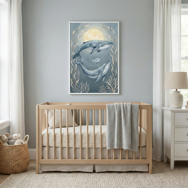 A serene nursery featuring a light wood crib with neutral-toned bedding and a gray knitted throw blanket. Centered on the muted gray wall above the crib is a framed illustration of three whales swimming in a deep blue sea beneath a large yellow moon, surrounded by golden aquatic plants. To the left, a woven basket sits on a textured rug, filled with plush toys. To the right, a white dresser holds a lamp with a neutral base and beige shade. Soft white curtains frame windows on either side of the room.
