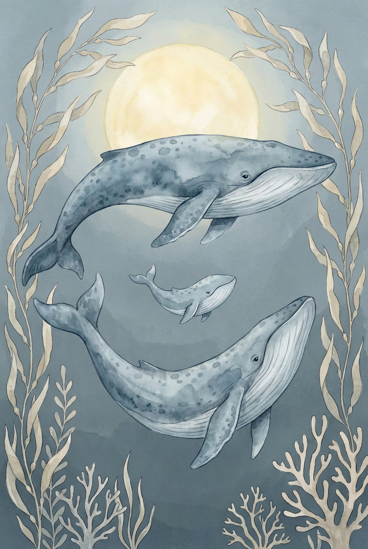  Watercolor of three blue whales—two large and one calf—swimming together under a glowing sun. Surrounded by soft seaweed and coral, the background is a dreamy blue-gray.
