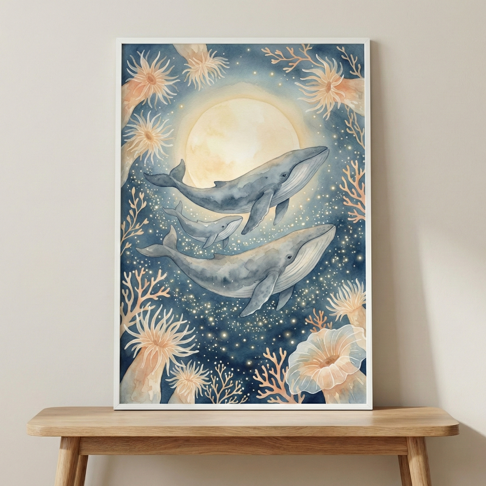 A vertical illustration in a white frame sits on a light wooden table against a plain wall. The artwork depicts three whales, two large and one small, swimming in a deep blue sea or night sky. A large, glowing moon-like orb is centered behind them, casting a soft yellow light. The scene is framed by delicate, peach-colored sea anemones and coral branches.