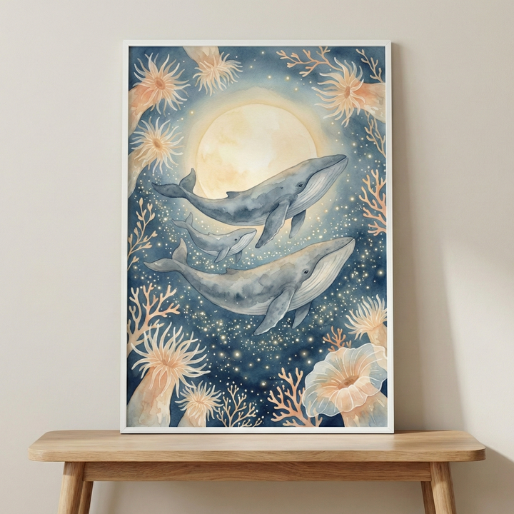 A vertical illustration in a white frame sits on a light wooden table against a plain wall. The artwork depicts three whales, two large and one small, swimming in a deep blue sea or night sky. A large, glowing moon-like orb is centered behind them, casting a soft yellow light. The scene is framed by delicate, peach-colored sea anemones and coral branches.